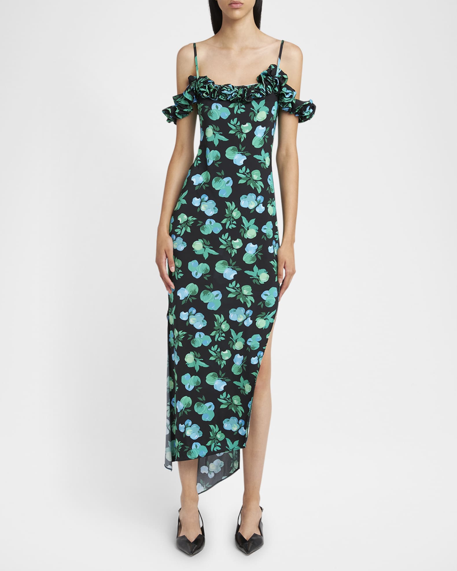 Apple-Print Ruffle Off-The-Shoulder Midi Dress 1