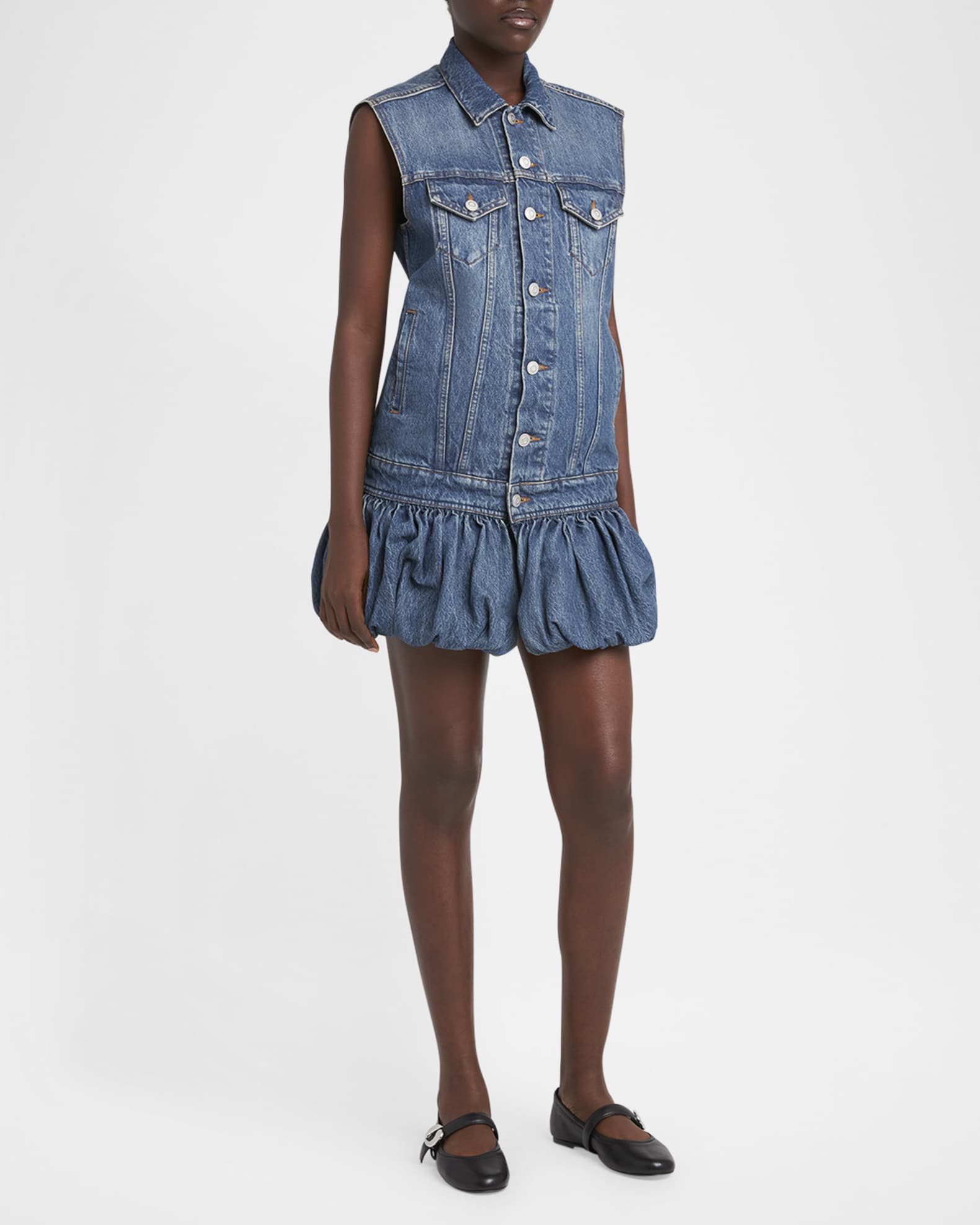 Bubble-Hem Sleeveless Mini Denim Dress 1