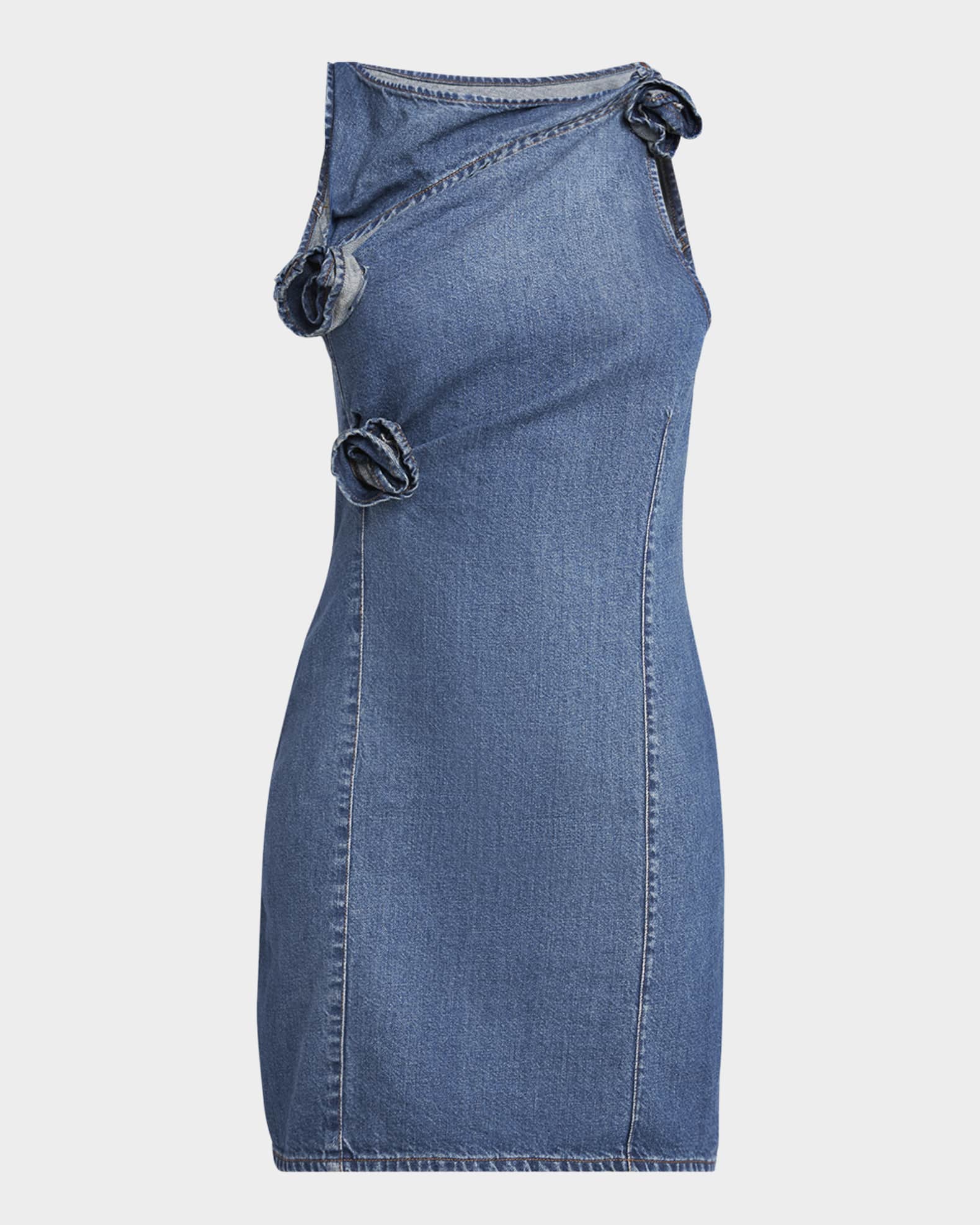 Denim Asymmetric Flower Mini Dress 0