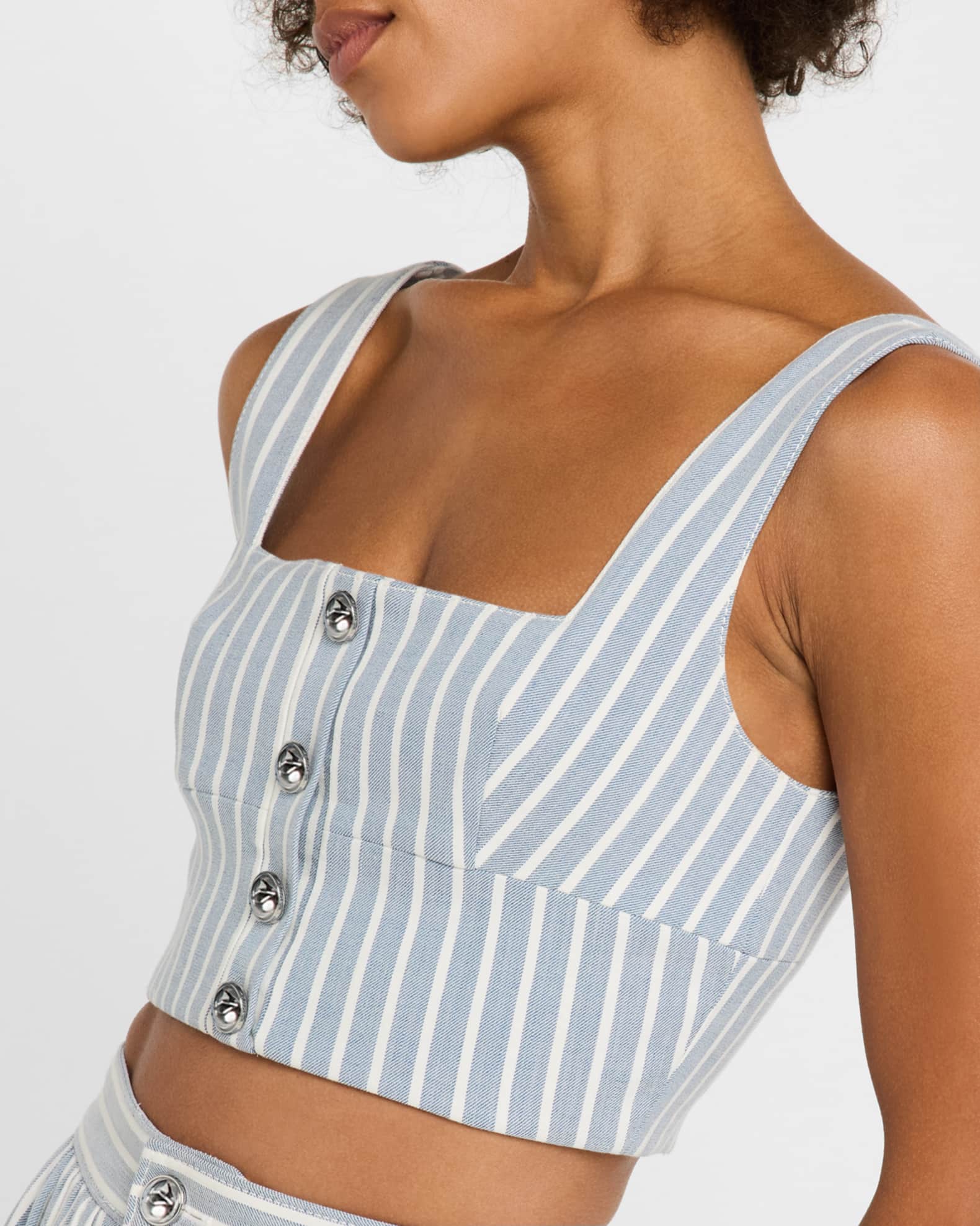Adam Lippes Quinn Hickory Stripe Denim Button Crop Top