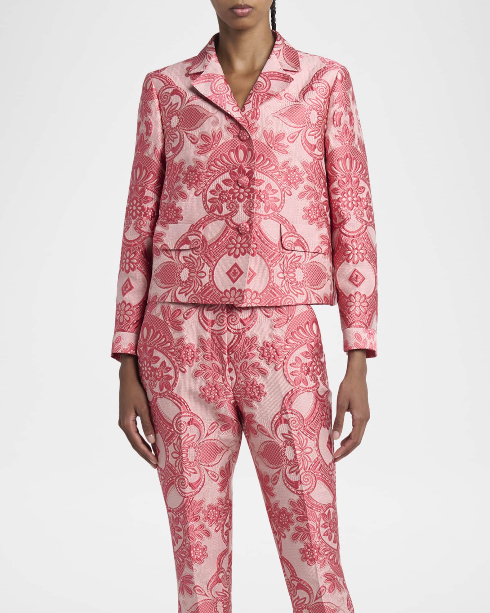 Pink Medallion Lace Effect Brocade Crop Jacket 1