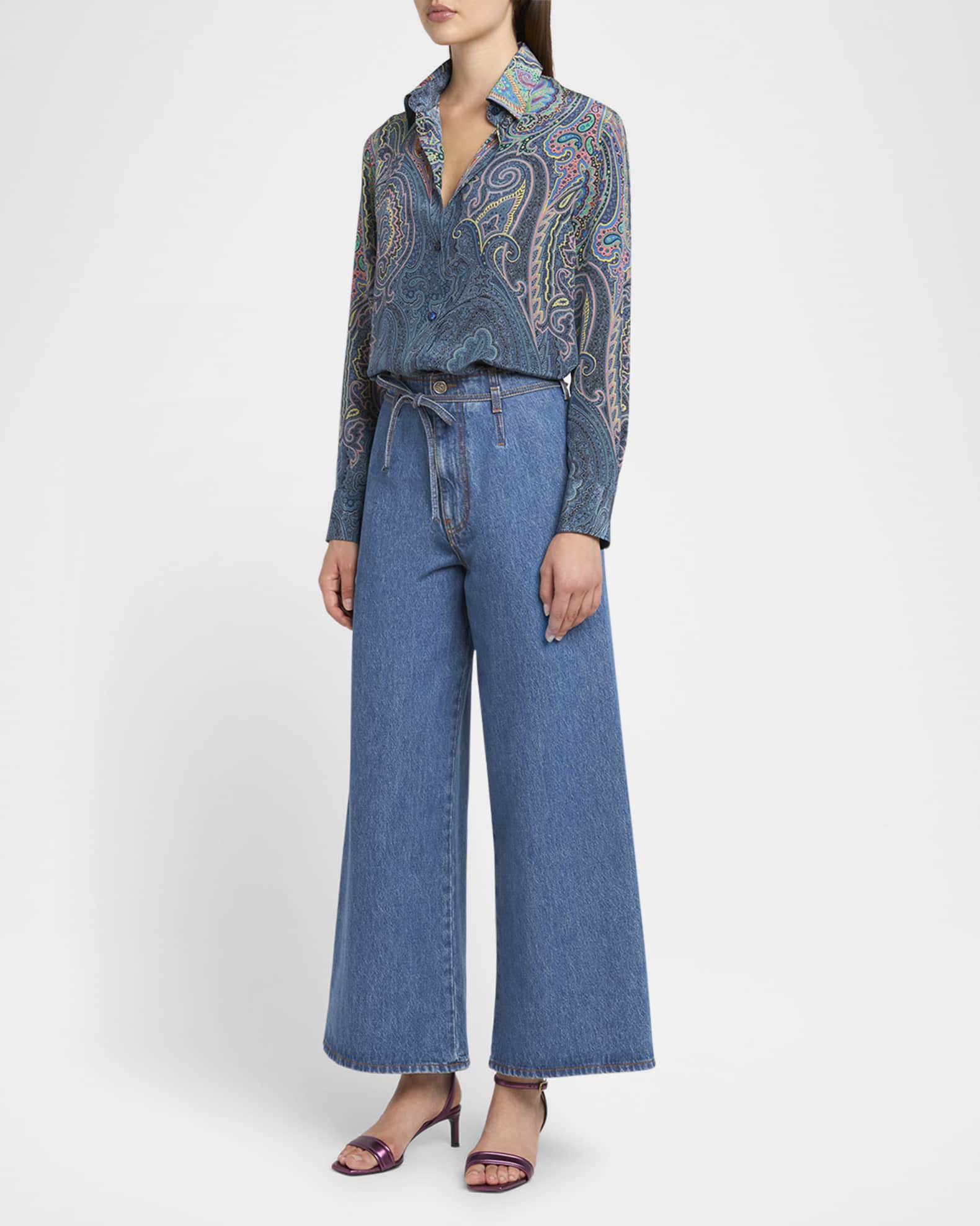 Etro Belted Wide-Leg Crop Denim Trousers | Neiman Marcus