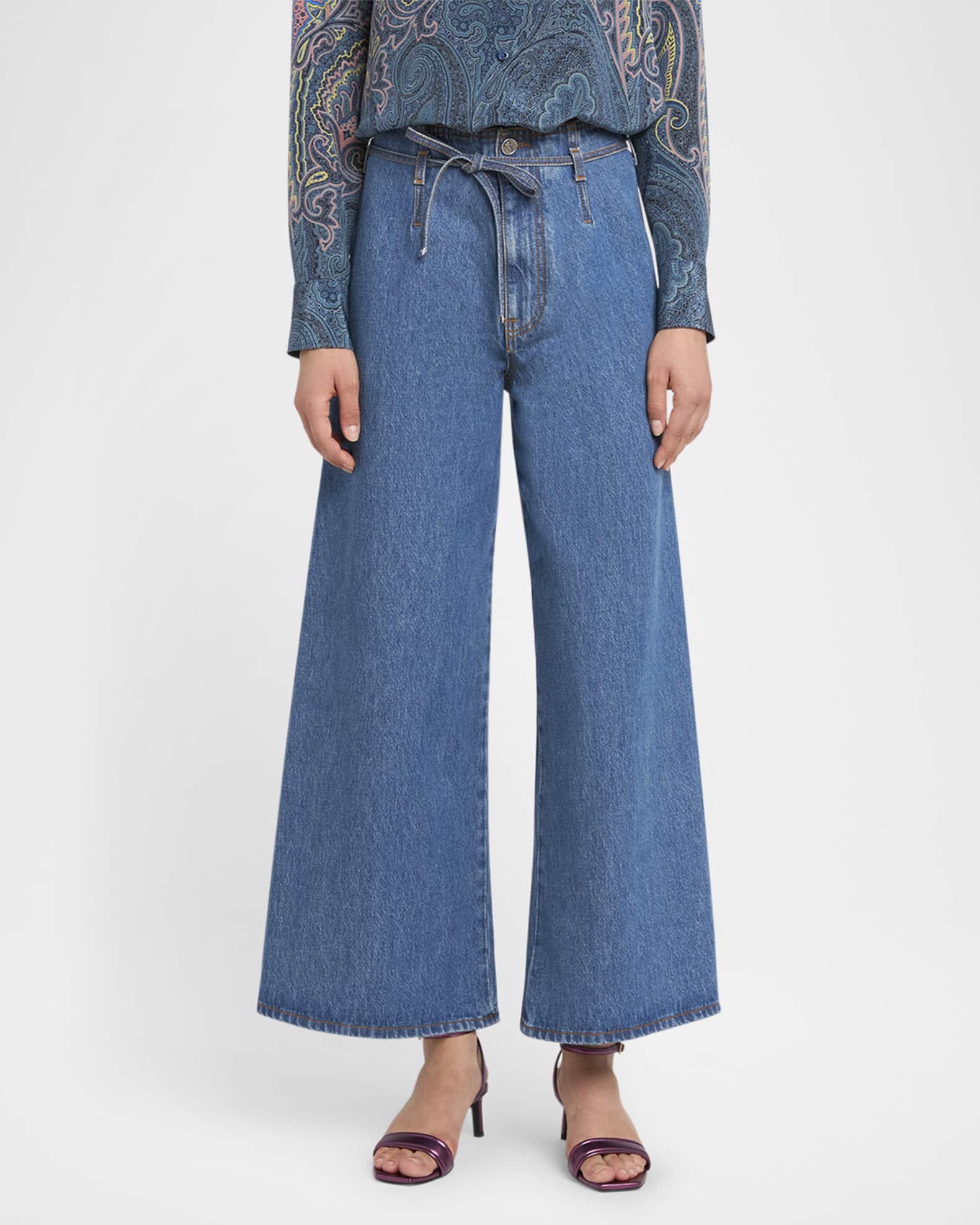 Etro Belted Wide-Leg Crop Denim Trousers | Neiman Marcus