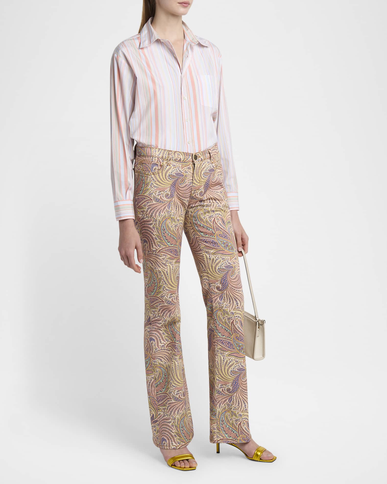 Etro Foliage Neutral Romantic Stretch Denim Flare Trousers