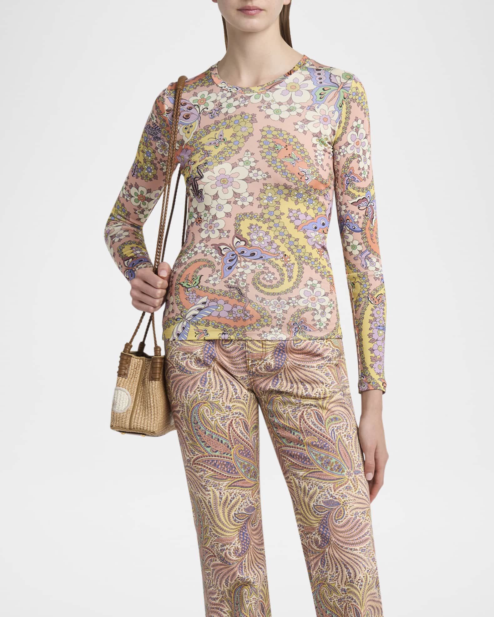 Etro Paisley Foliage-Print Jersey Long-Sleeve Top | Neiman