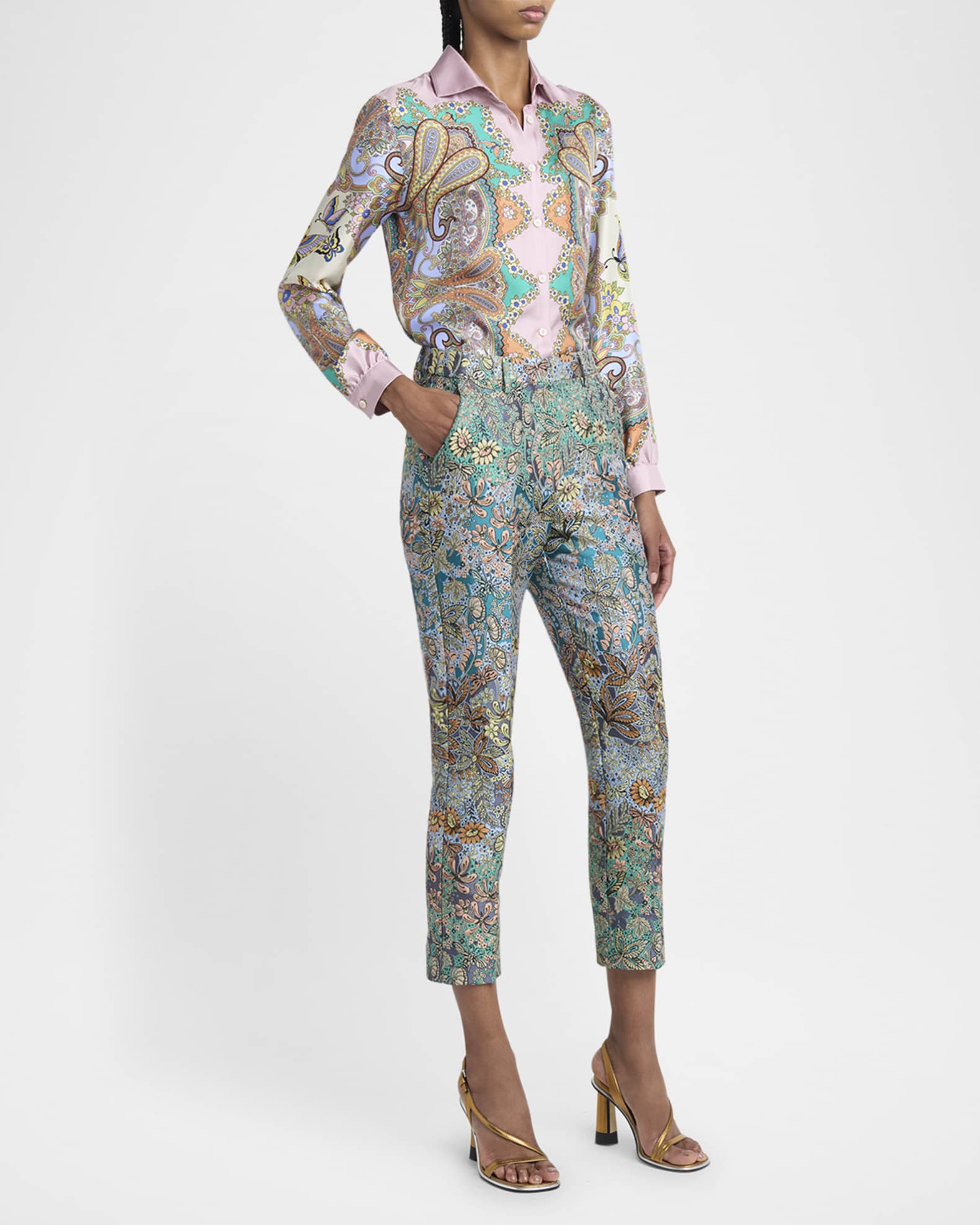 Etro Multi Garden Floral Brocade Straight-Leg Ankle Pants