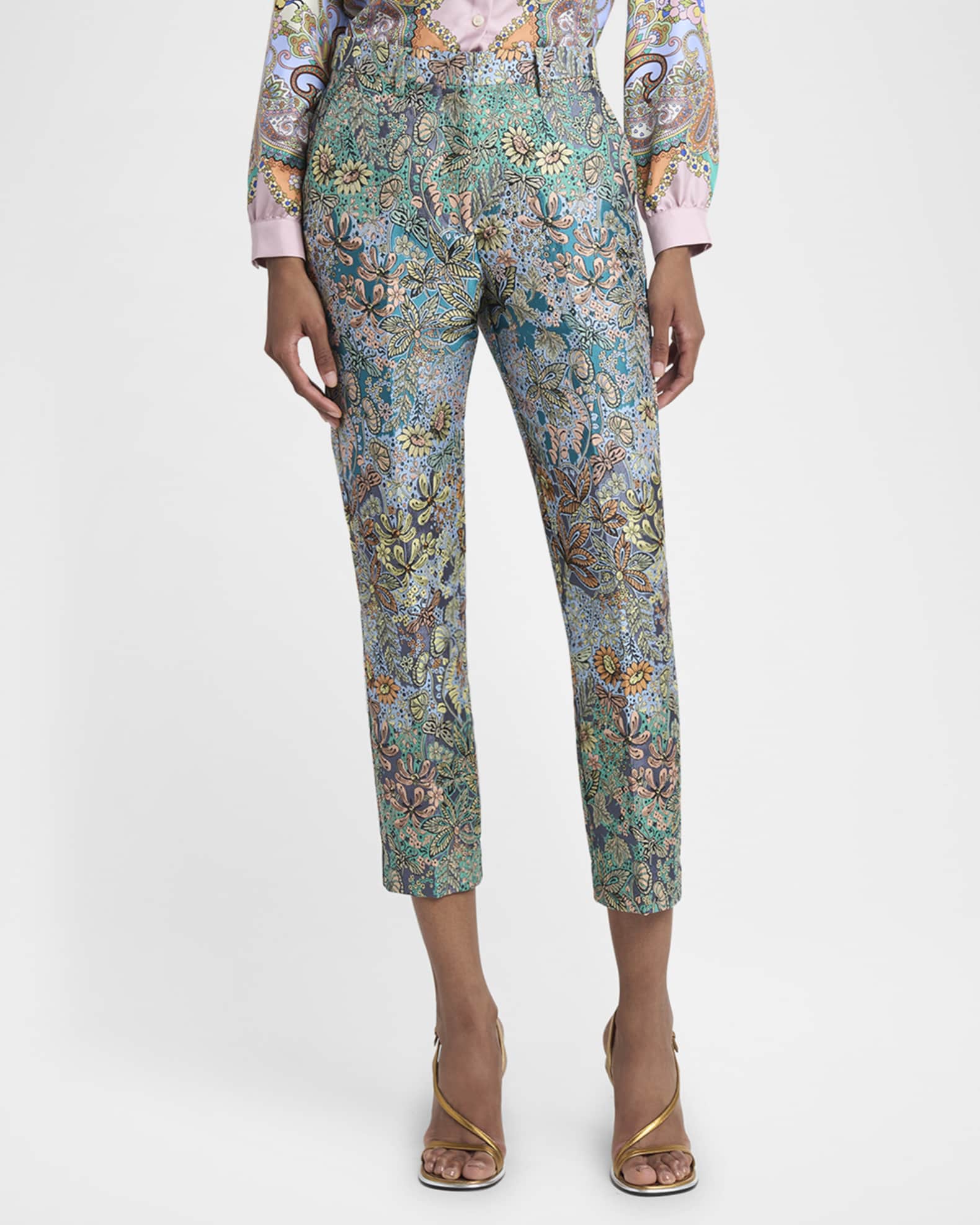 Etro Multi Garden Floral Brocade Straight-Leg Ankle Pants