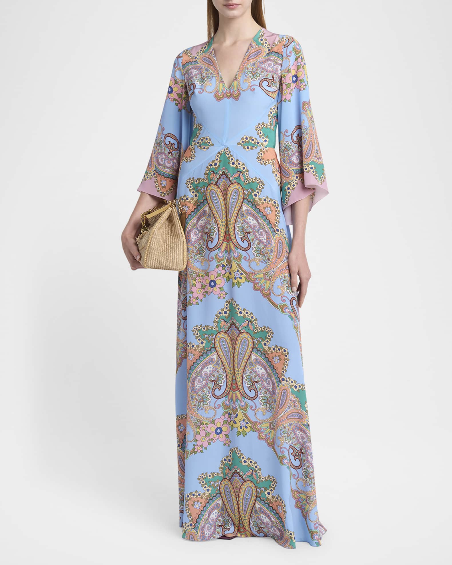 Paisley-Print Flare-Sleeve Cady Gown 1