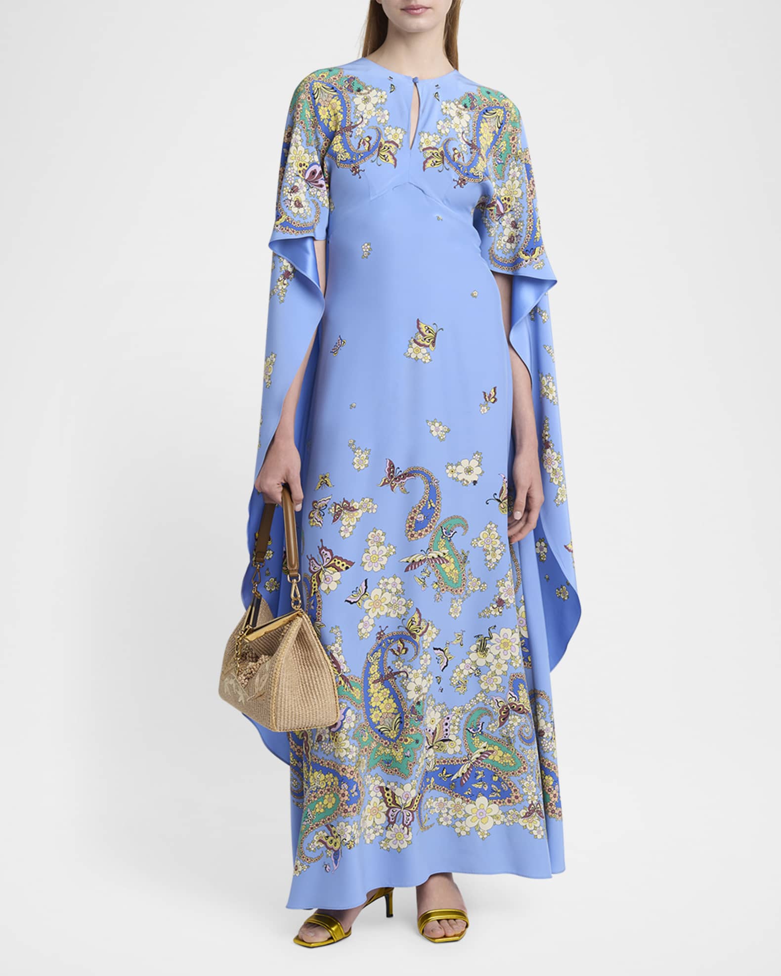 Blue Lucky Charm-Print Silk Cape Gown 1