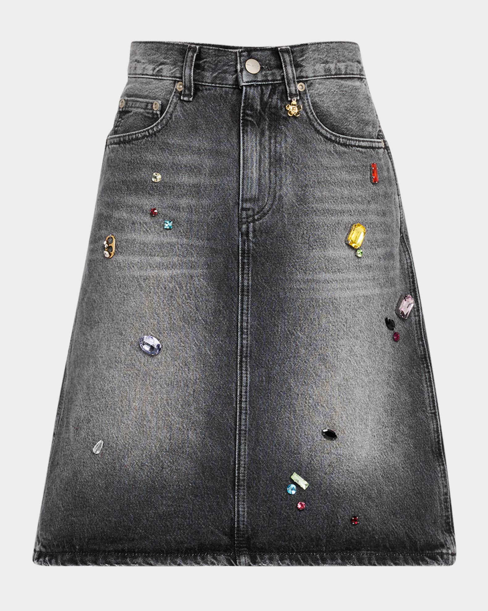 Charm Embellished Denim A-Line Skirt 0