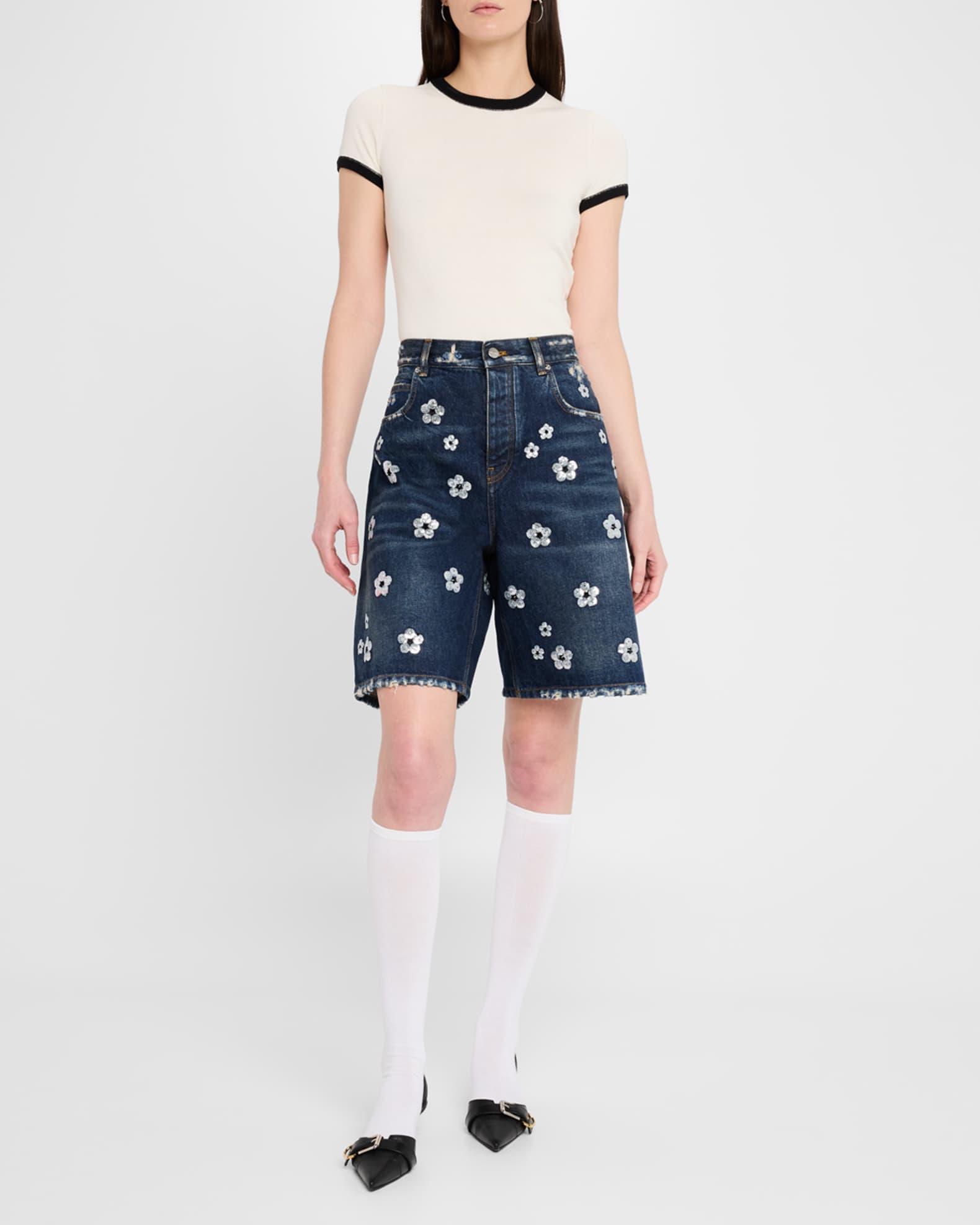 Daisy Sequined Wide-Leg Denim Bermuda Shorts 1