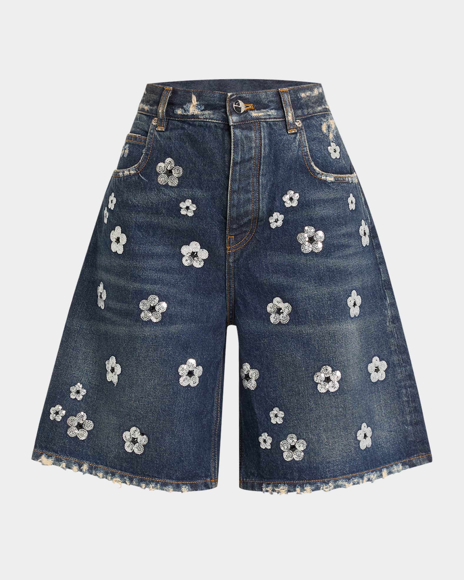 Daisy Sequined Wide-Leg Denim Bermuda Shorts 0
