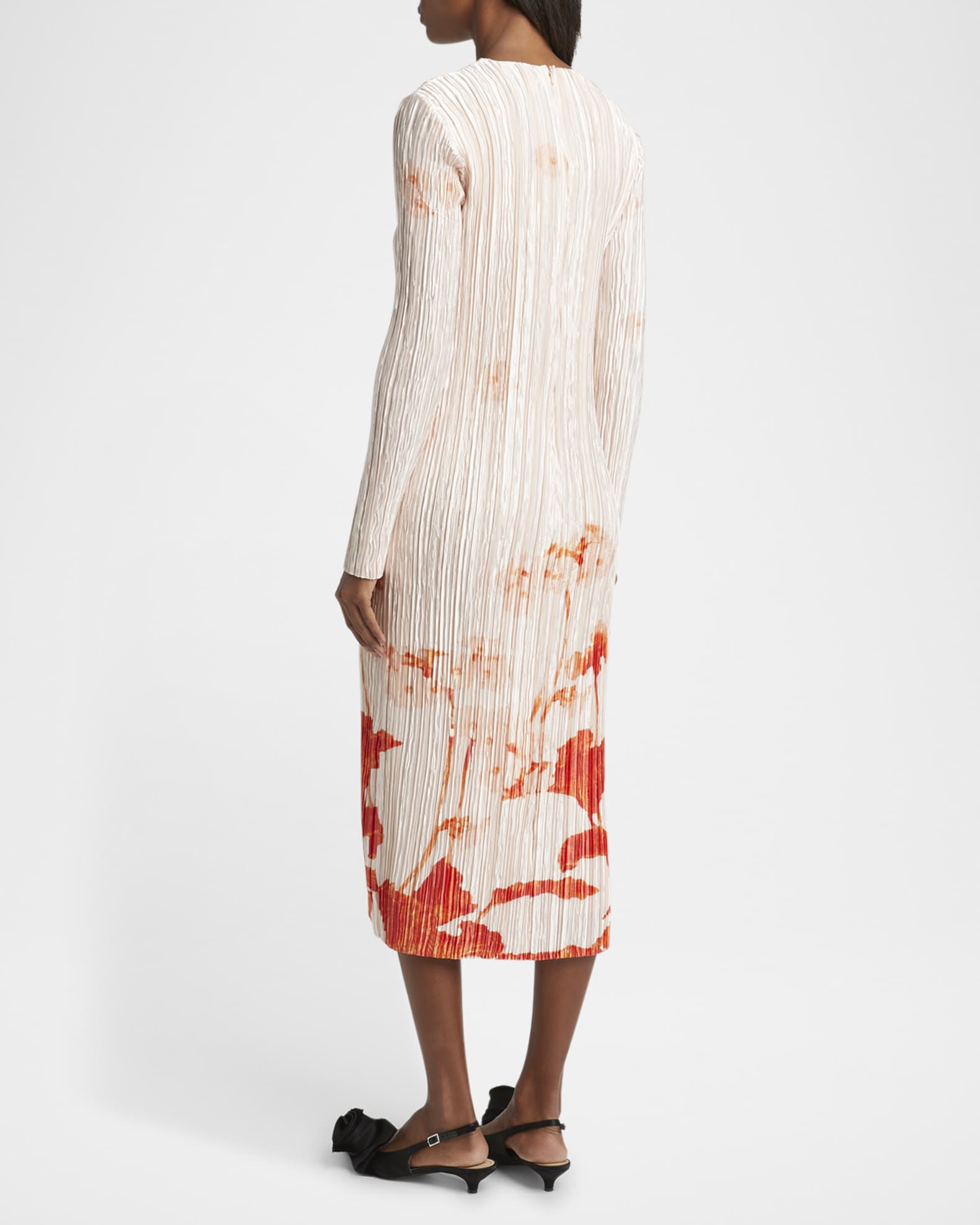 Erdem Floral-Print Plisse Silk Long-Sleeve Midi Dress
