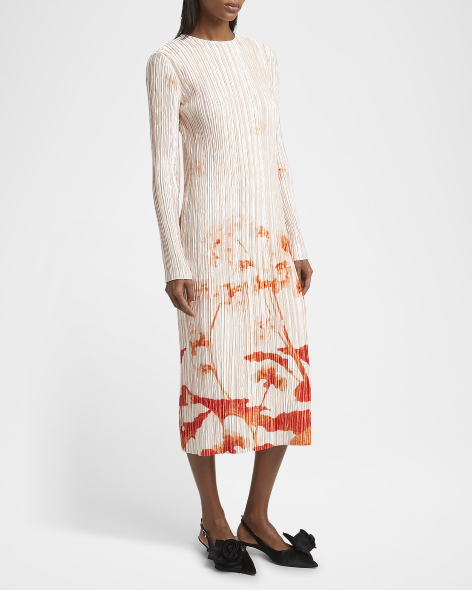 Erdem Floral-Print Plisse Silk Long-Sleeve Midi Dress