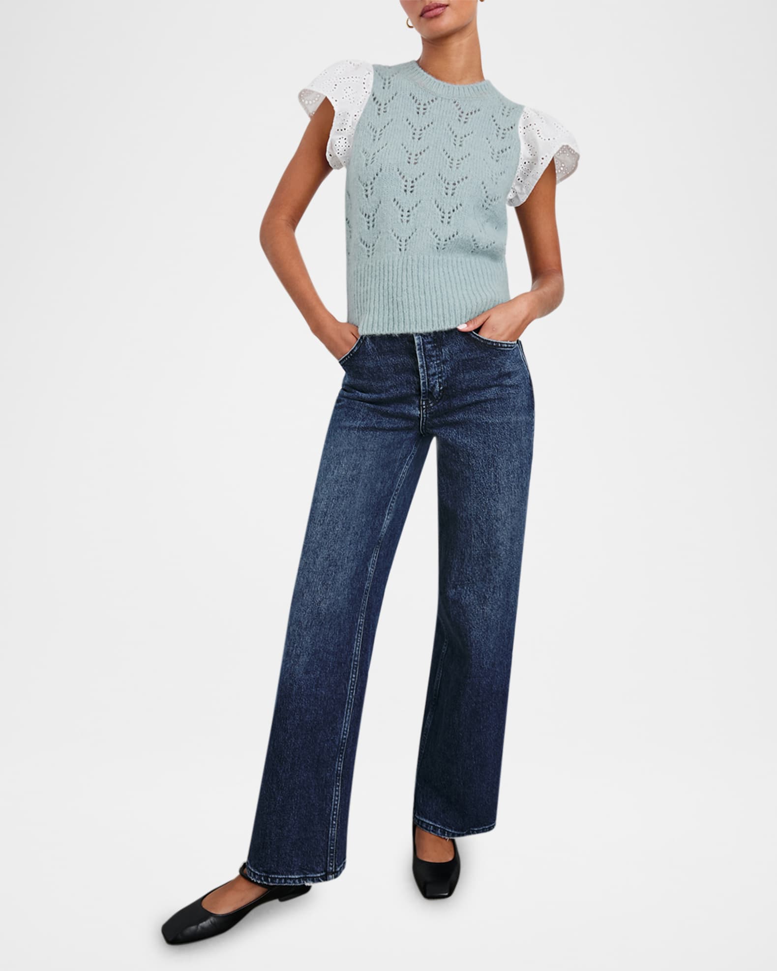 Everly Pointelle Knit Flutter-Sleeve Top 1