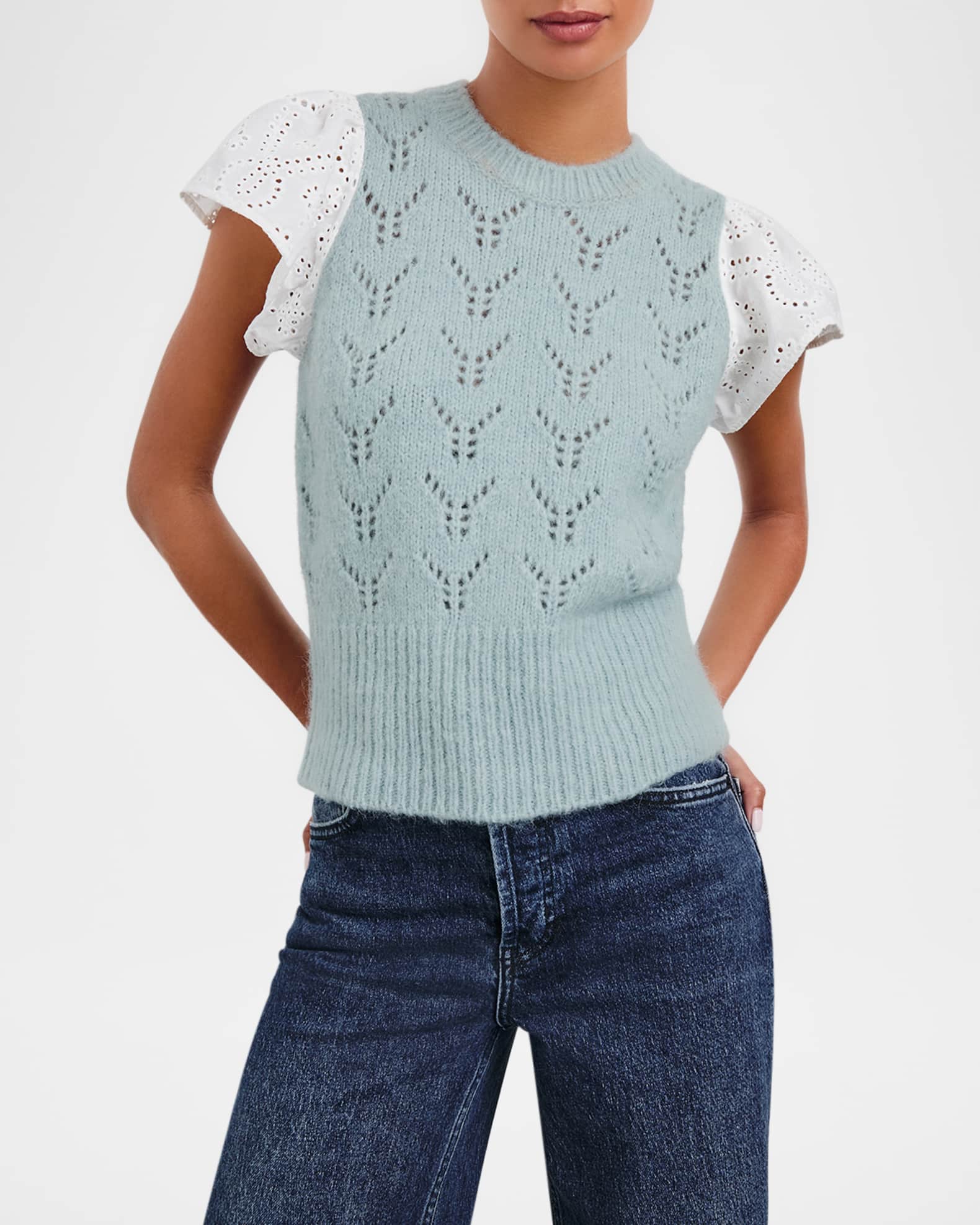 Everly Pointelle Knit Flutter-Sleeve Top 0