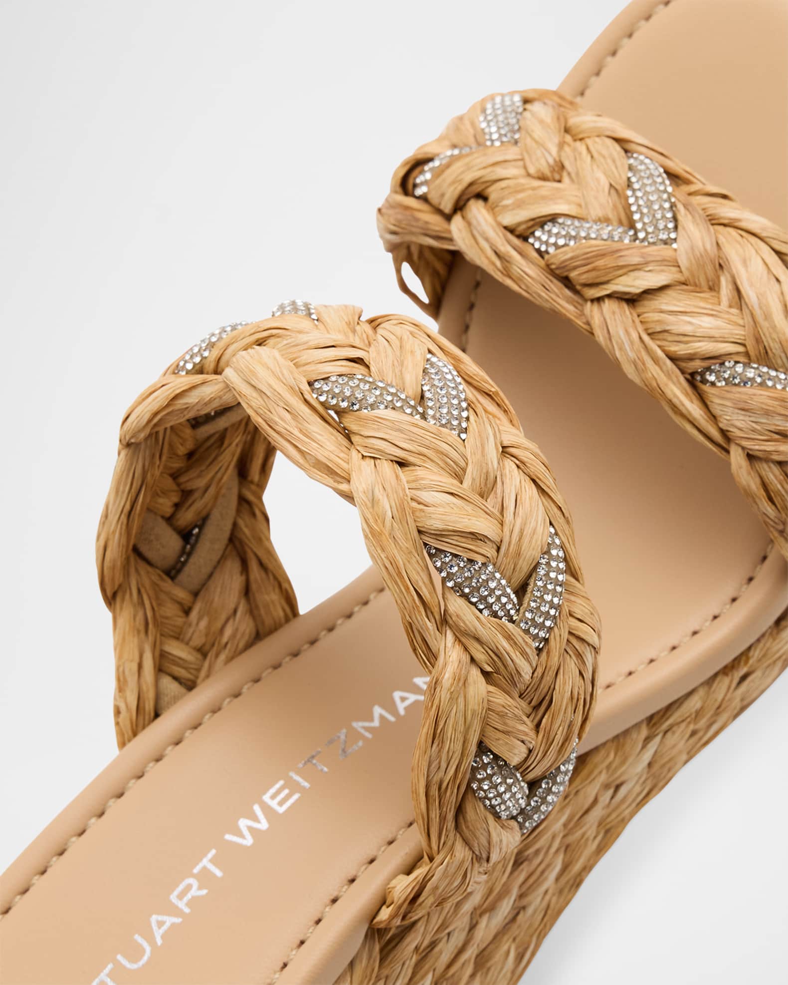 Stuart Weitzman Lana Raffia Crystal Wedge Slide Sandals
