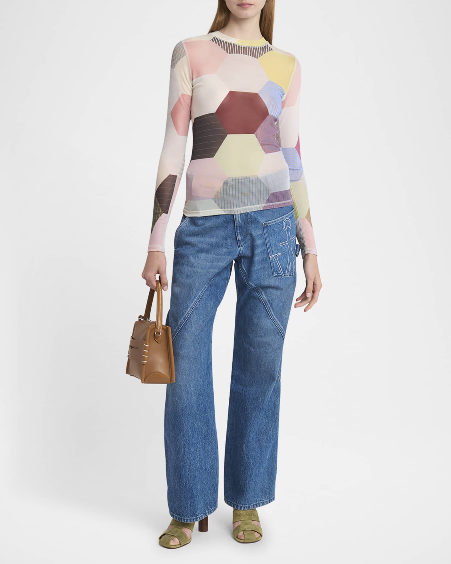 Hexagon-Print Long-Sleeve Mesh Top 1