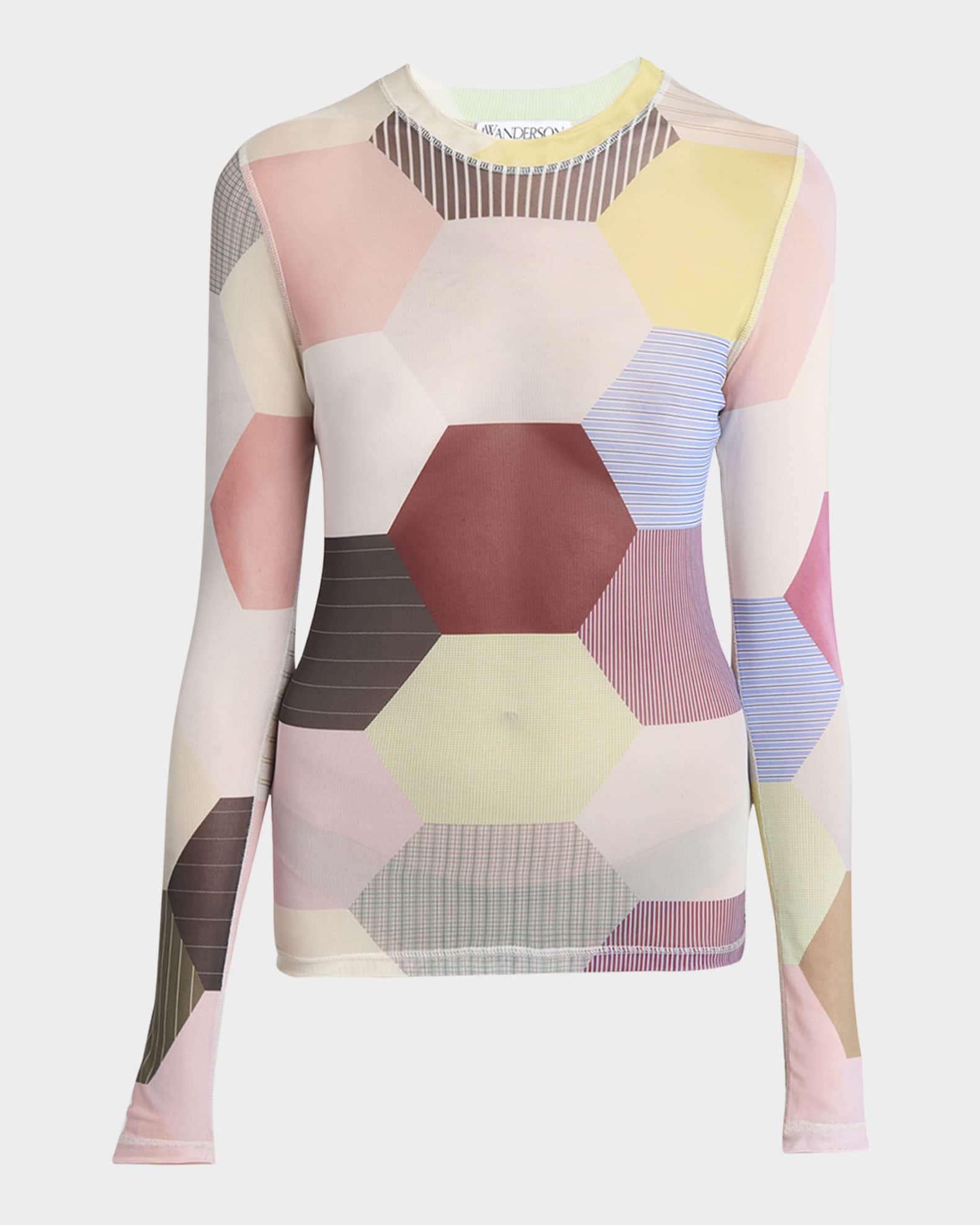 Hexagon-Print Long-Sleeve Mesh Top 0