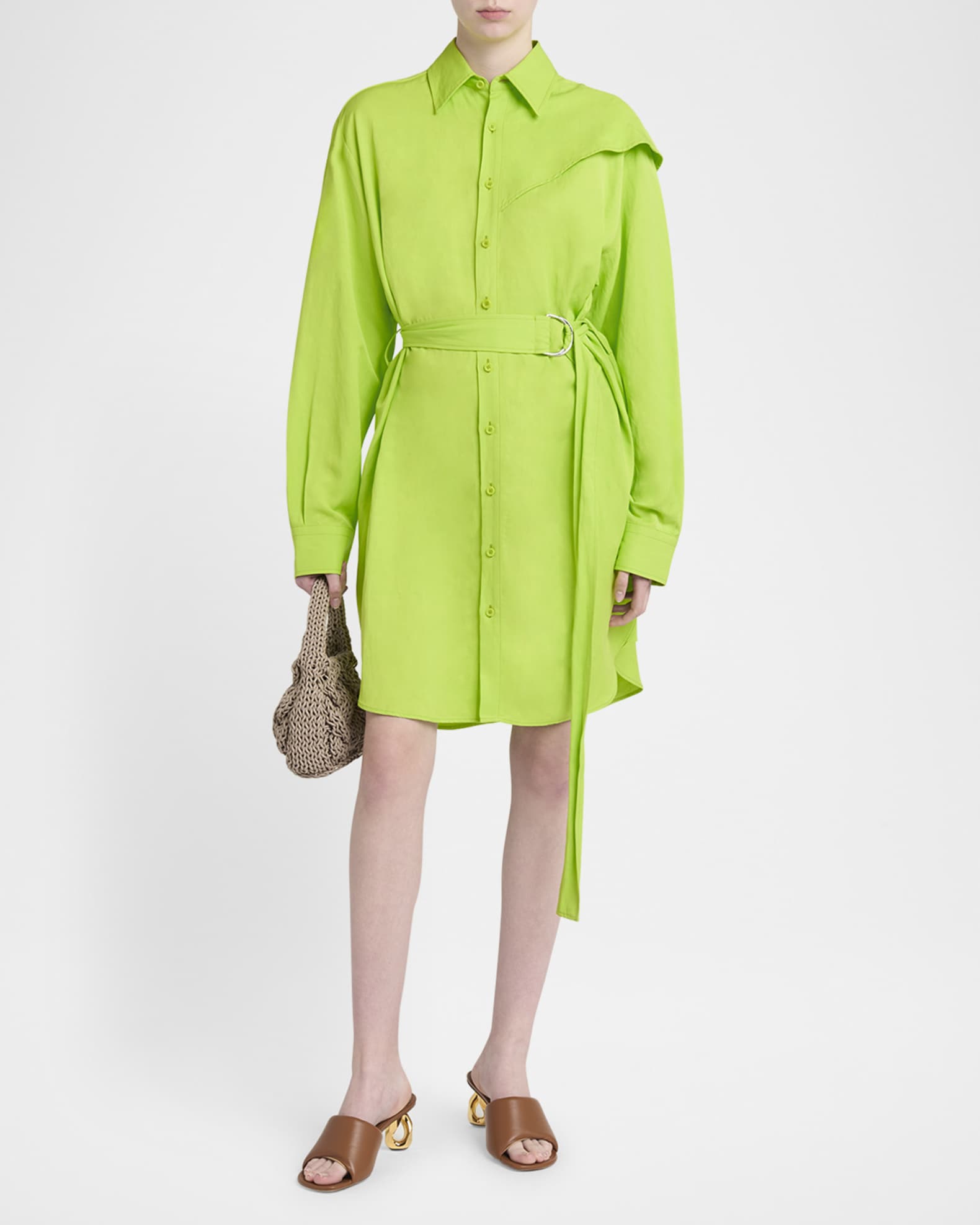 Cape-Shoulder Belted Long-Sleeve Shirtdress 1