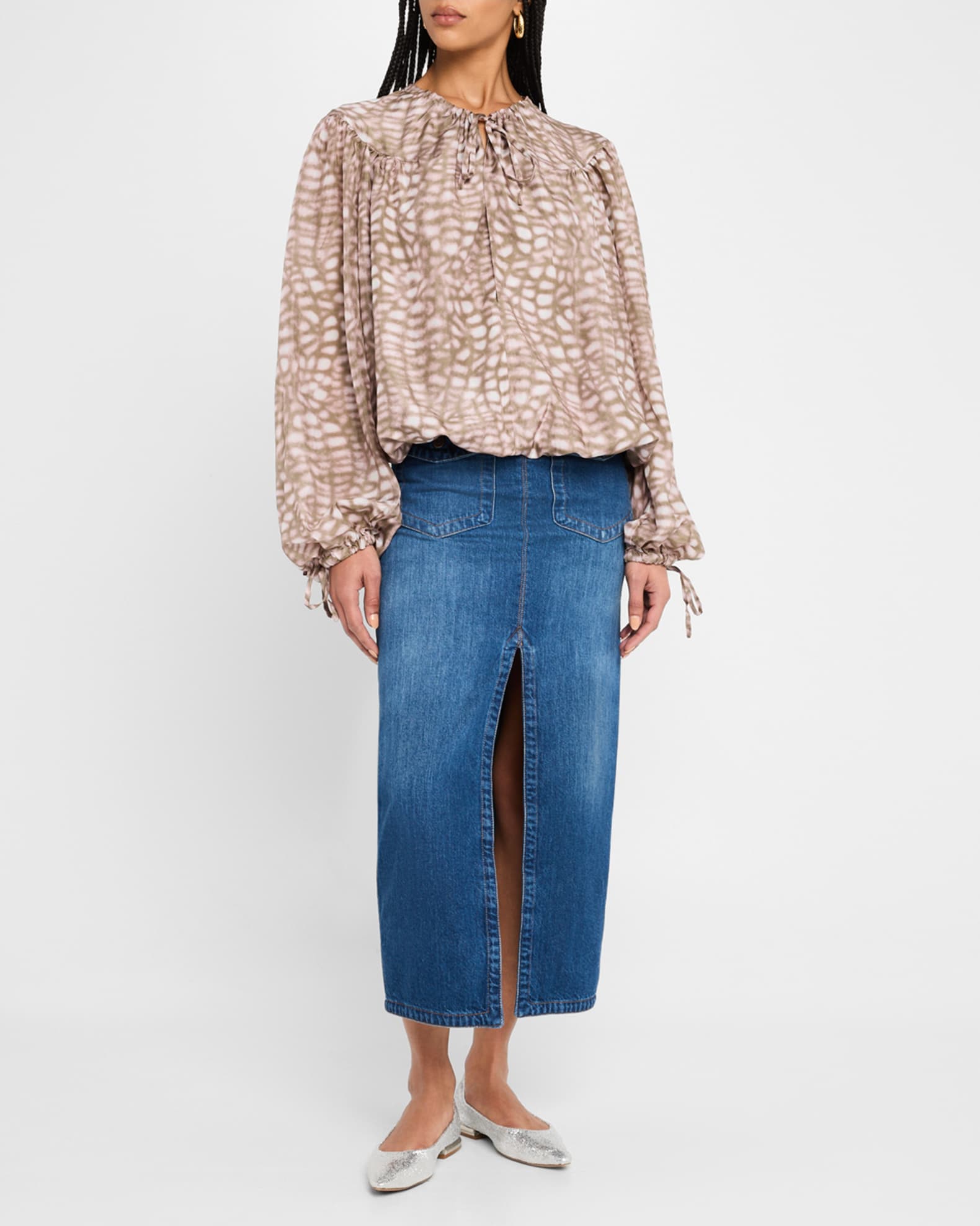 Catti Printed Balloon-Sleeve Silk Blouse 1