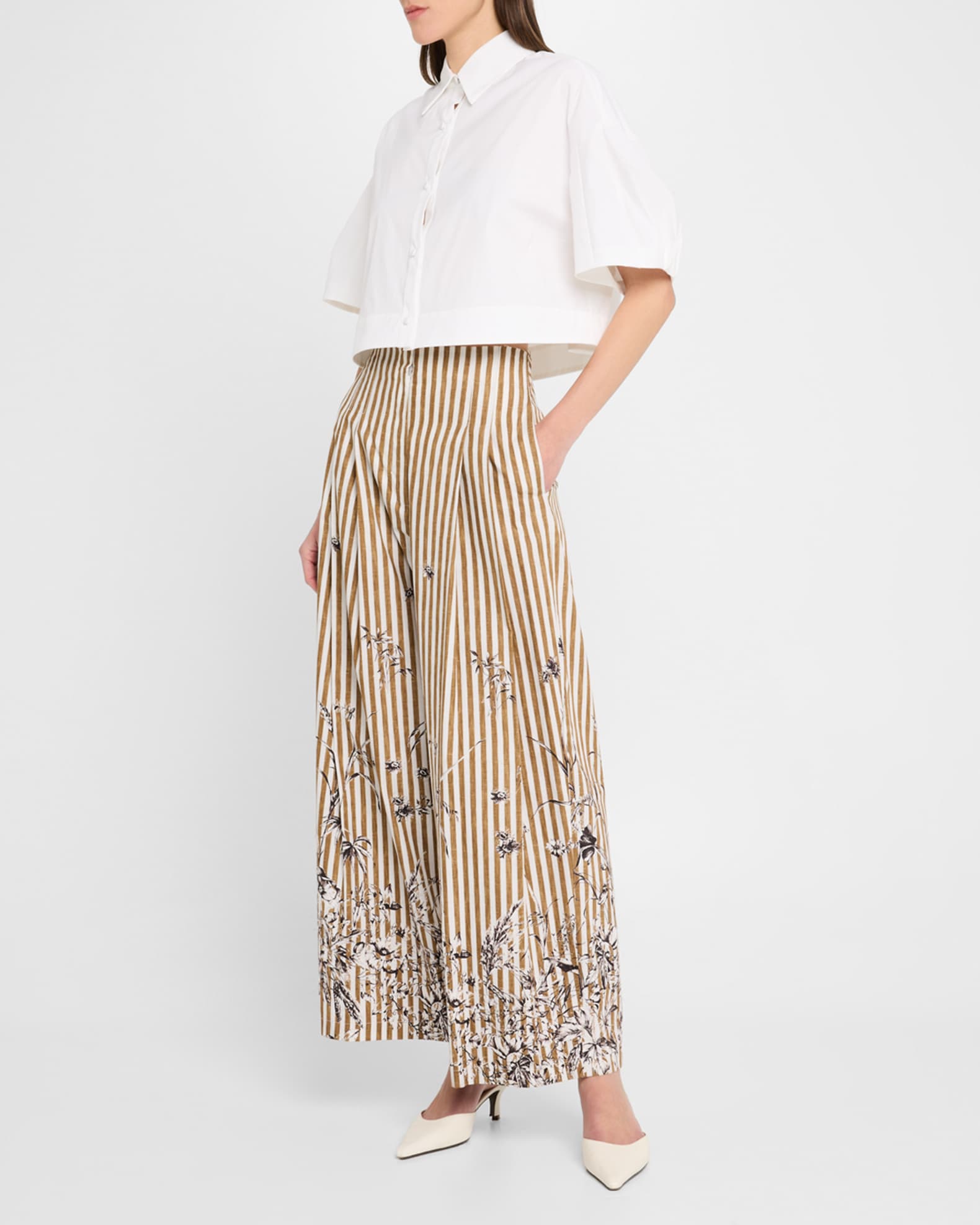 Floral-Print Striped Pleated Wide-Leg Pants 1