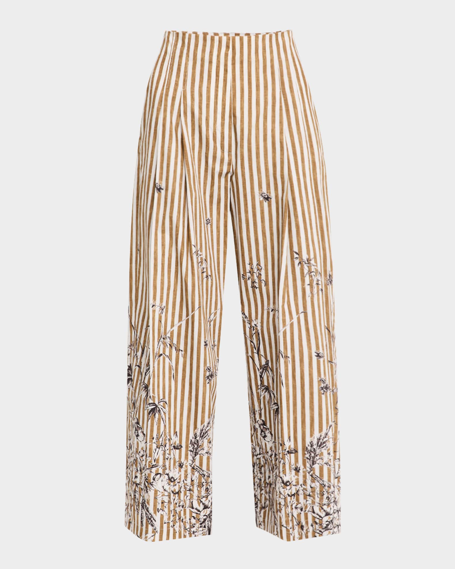 Floral-Print Striped Pleated Wide-Leg Pants 0