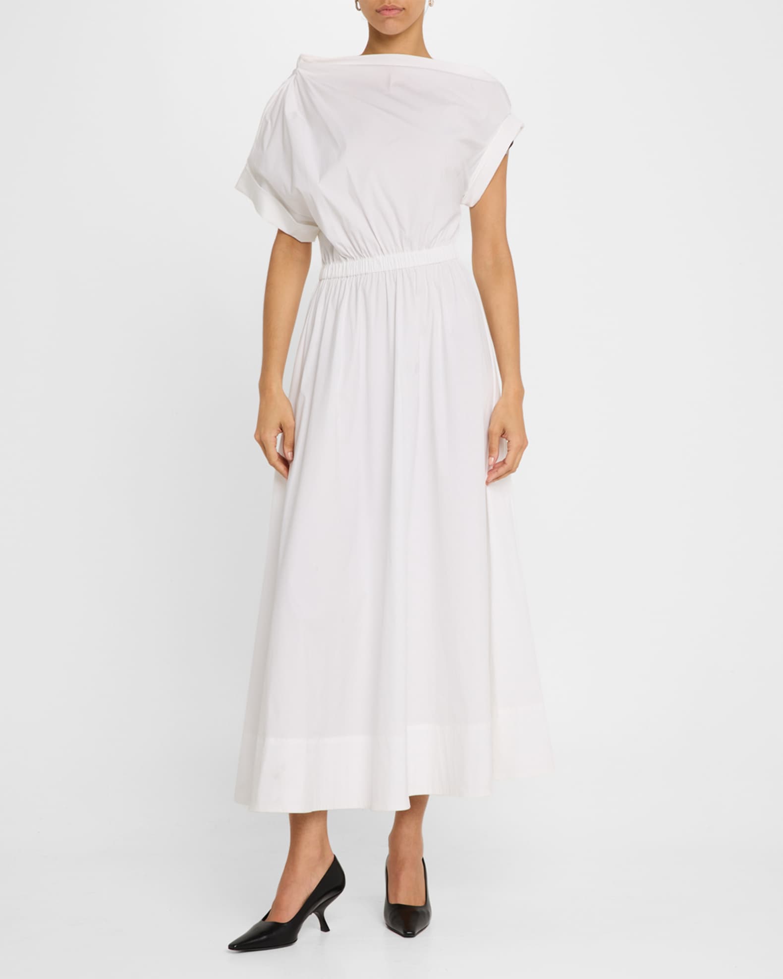 Short-Sleeve Draped Shoulder Midi Dress 1