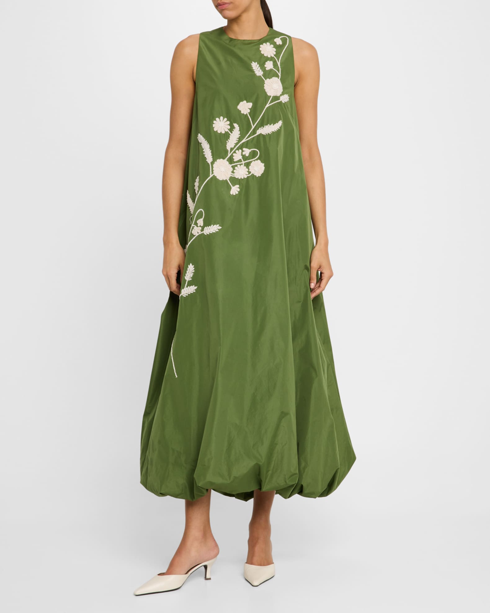Floral-Embroidered Sleeveless Bubble Midi Dress 1