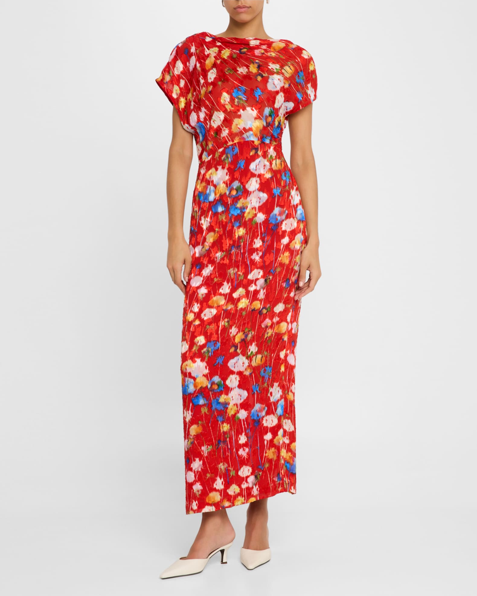 Floral Jacquard Draped-Shoulder Ankle Sheath Dress 1