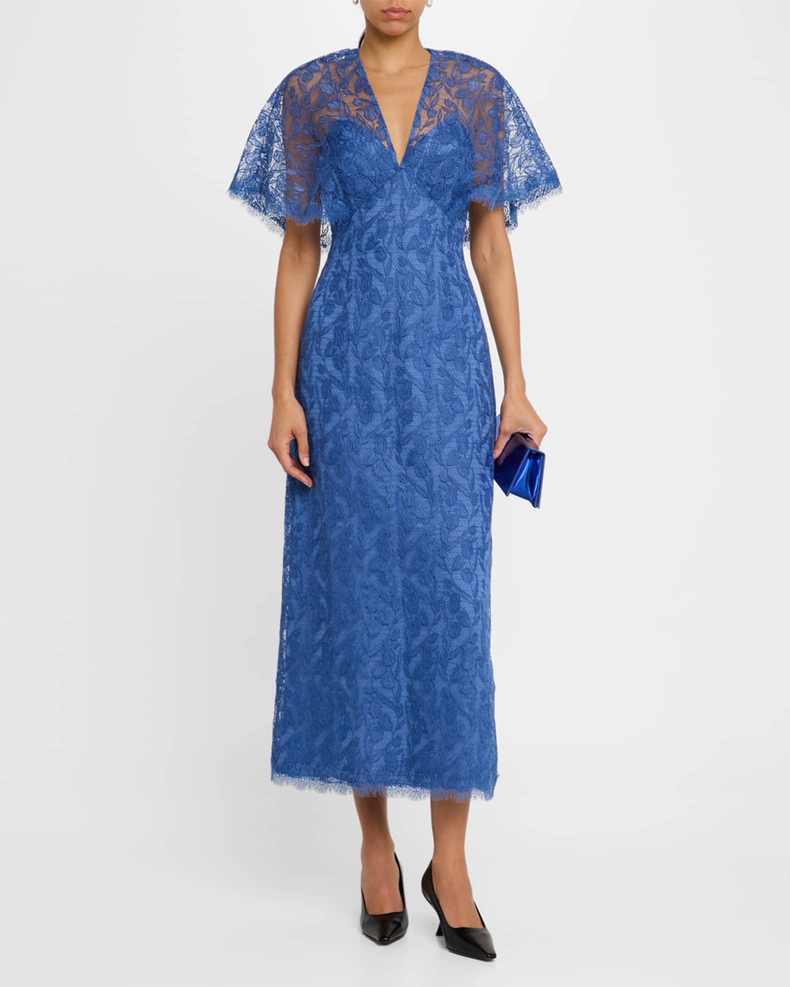 V-Neck Tulip Lace Cape-Sleeve Midi Dress 1