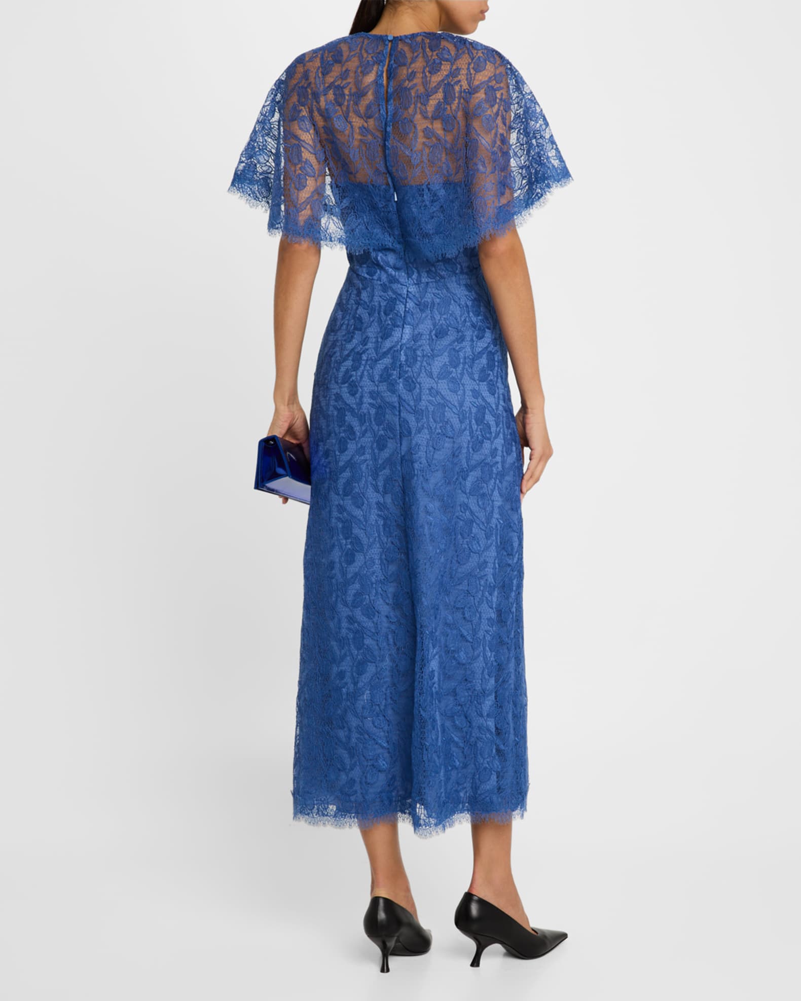 Lela Rose V-Neck Tulip Lace Cape-Sleeve Midi Dress | Neiman