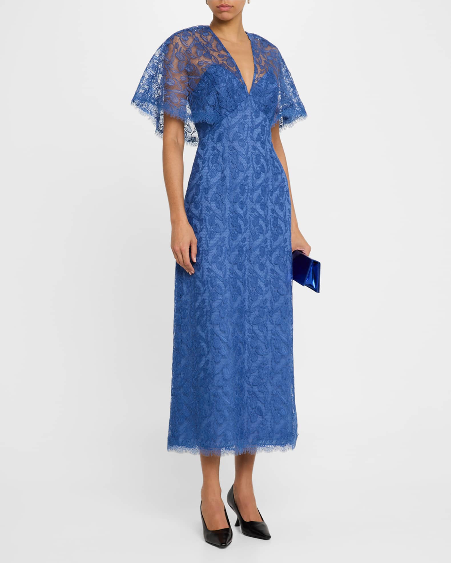 Lela Rose V-Neck Tulip Lace Cape-Sleeve Midi Dress | Neiman Marcus