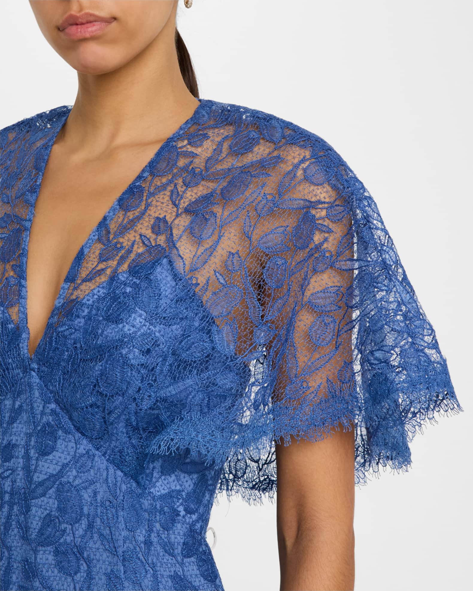 Lela Rose V-Neck Tulip Lace Cape-Sleeve Midi Dress | Neiman Marcus