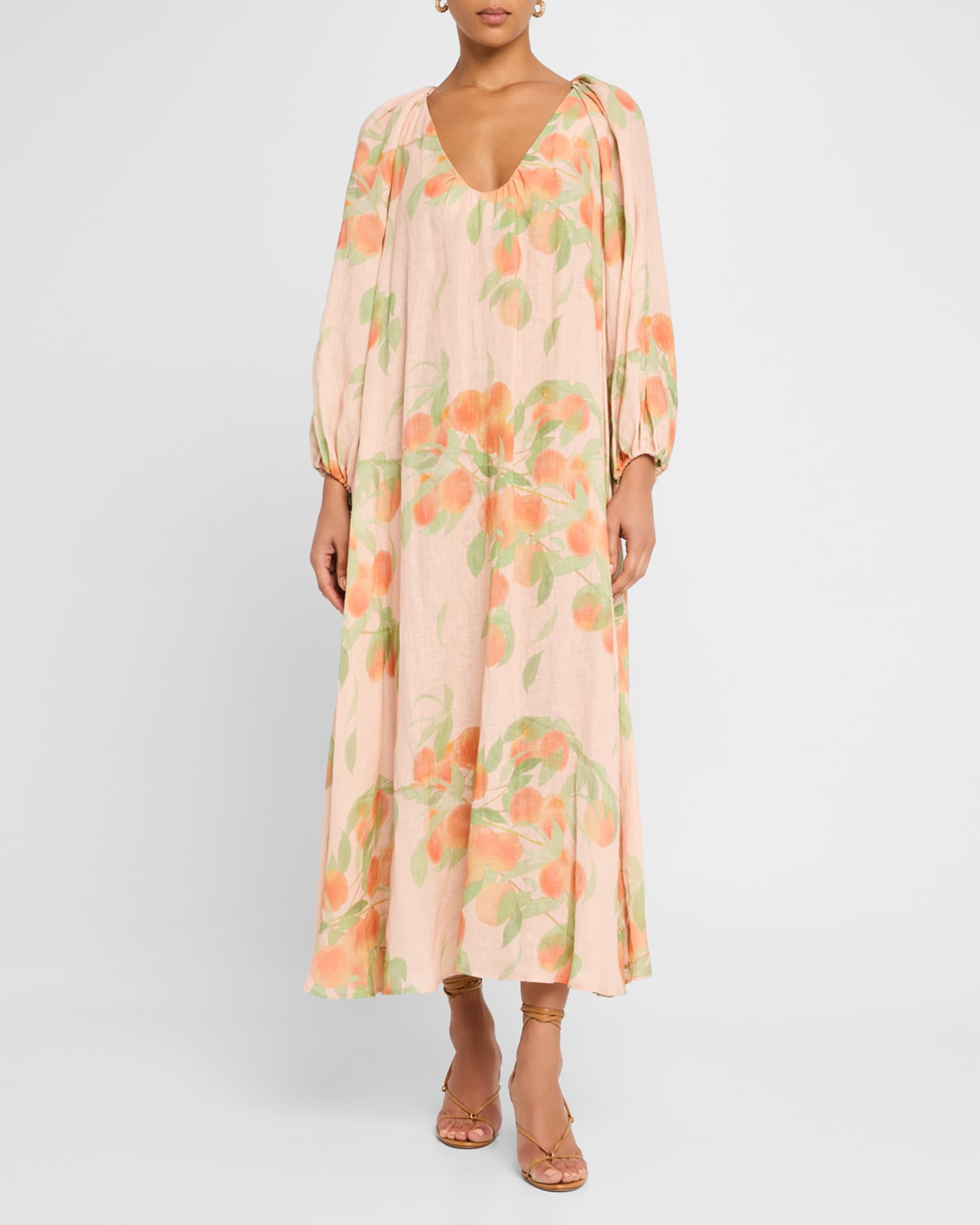Peach Print Puff-Sleeve Linen Dress 1