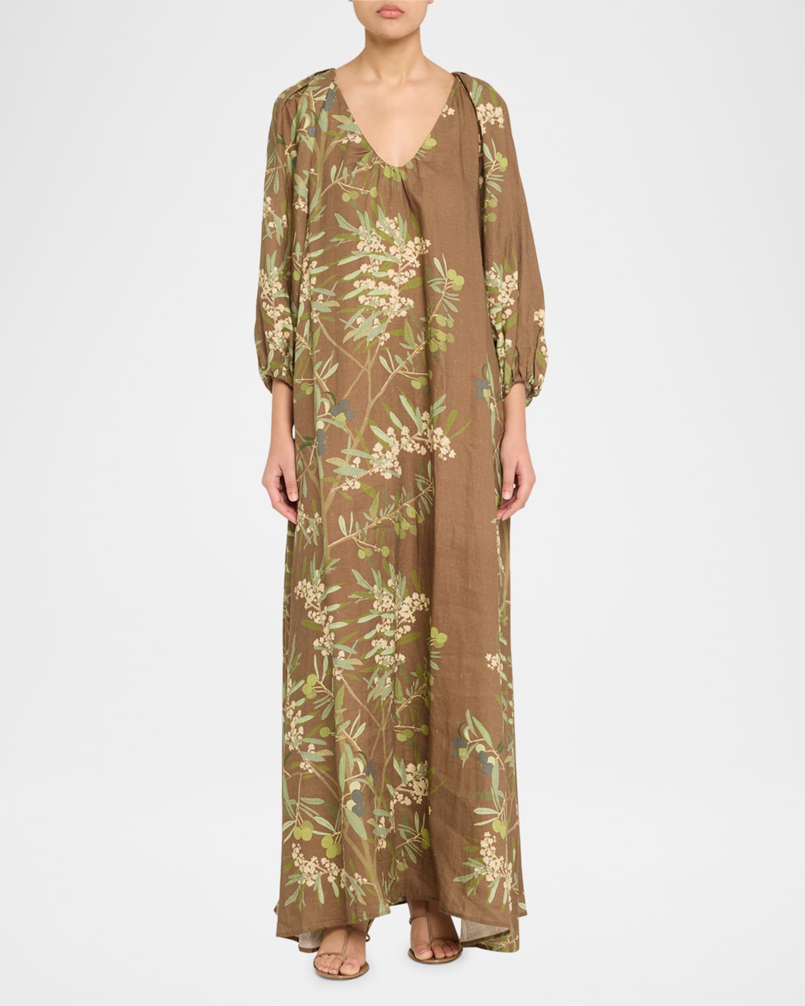 Puff-Sleeve Printed Linen Maxi Dress 1