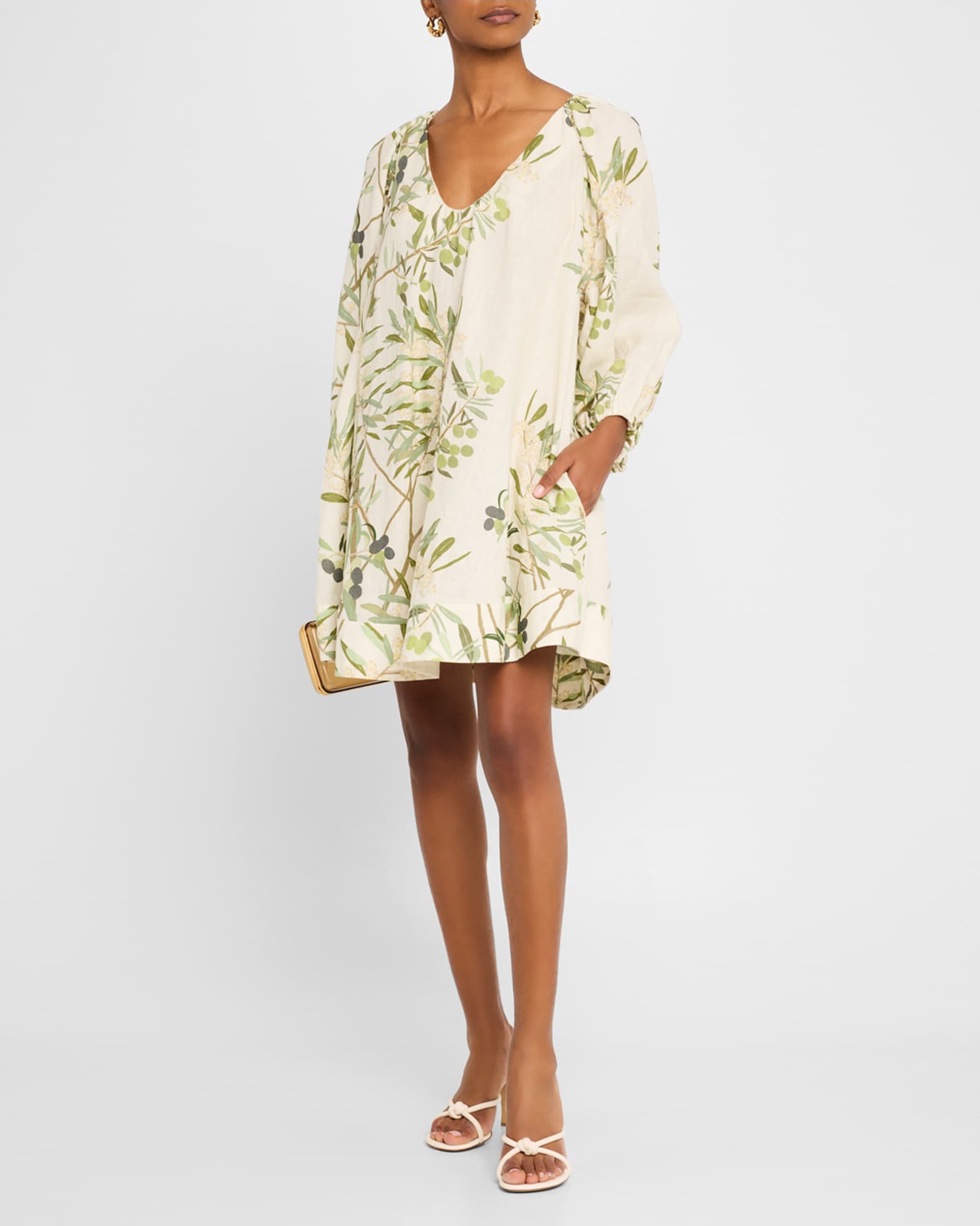 Flowy Puff-Sleeve Printed Linen Mini Dress 1