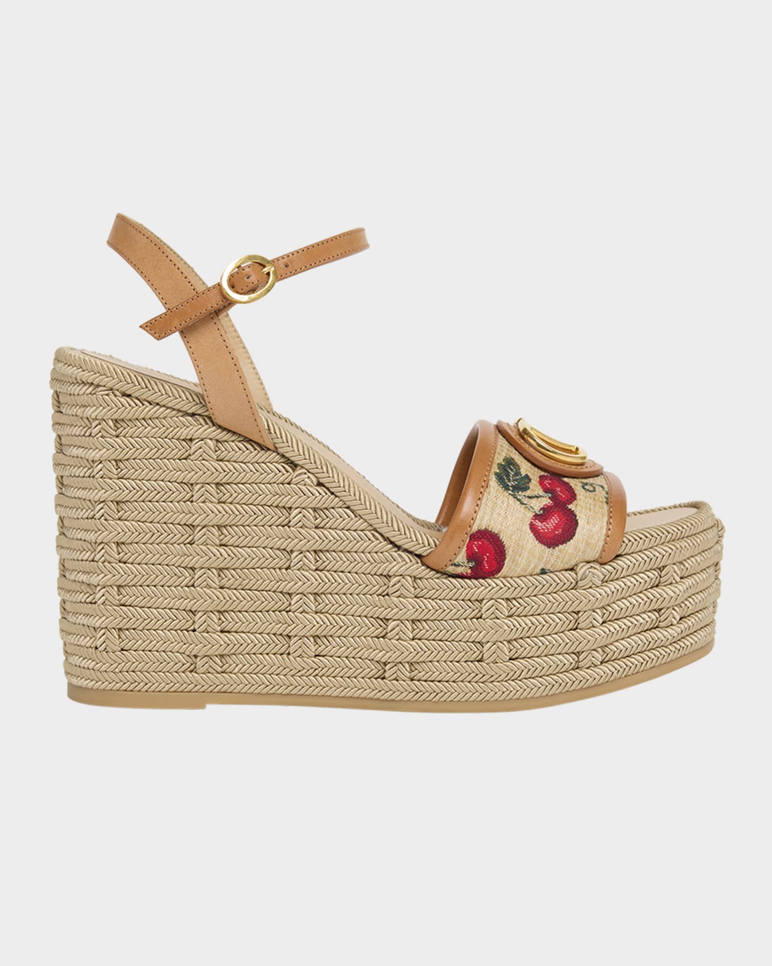 Valentino Garavani VLogo Cherry Jacquard Raffia-Wedge Espadrilles