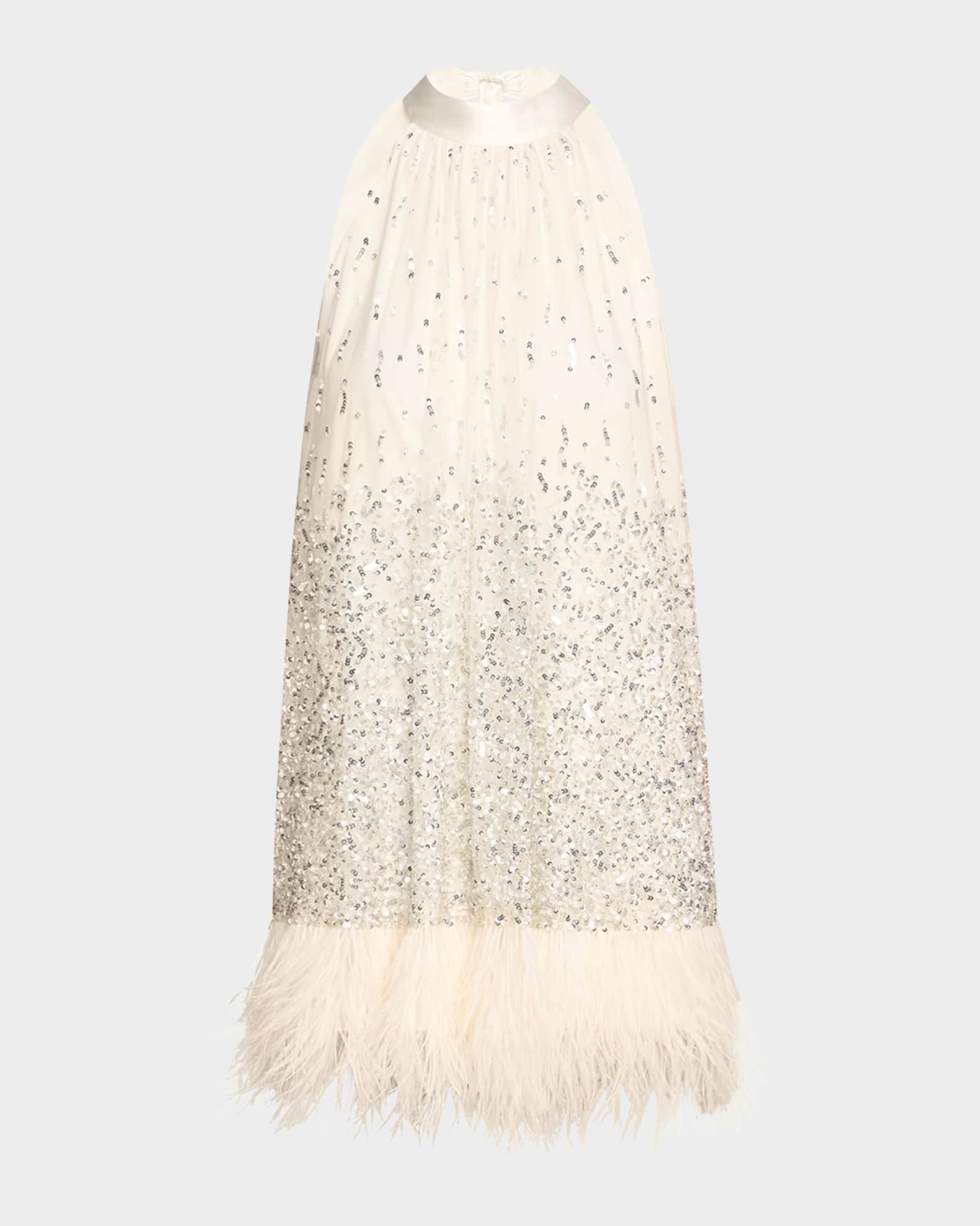 Erna Sequined Feather-Trim Mini Dress 0