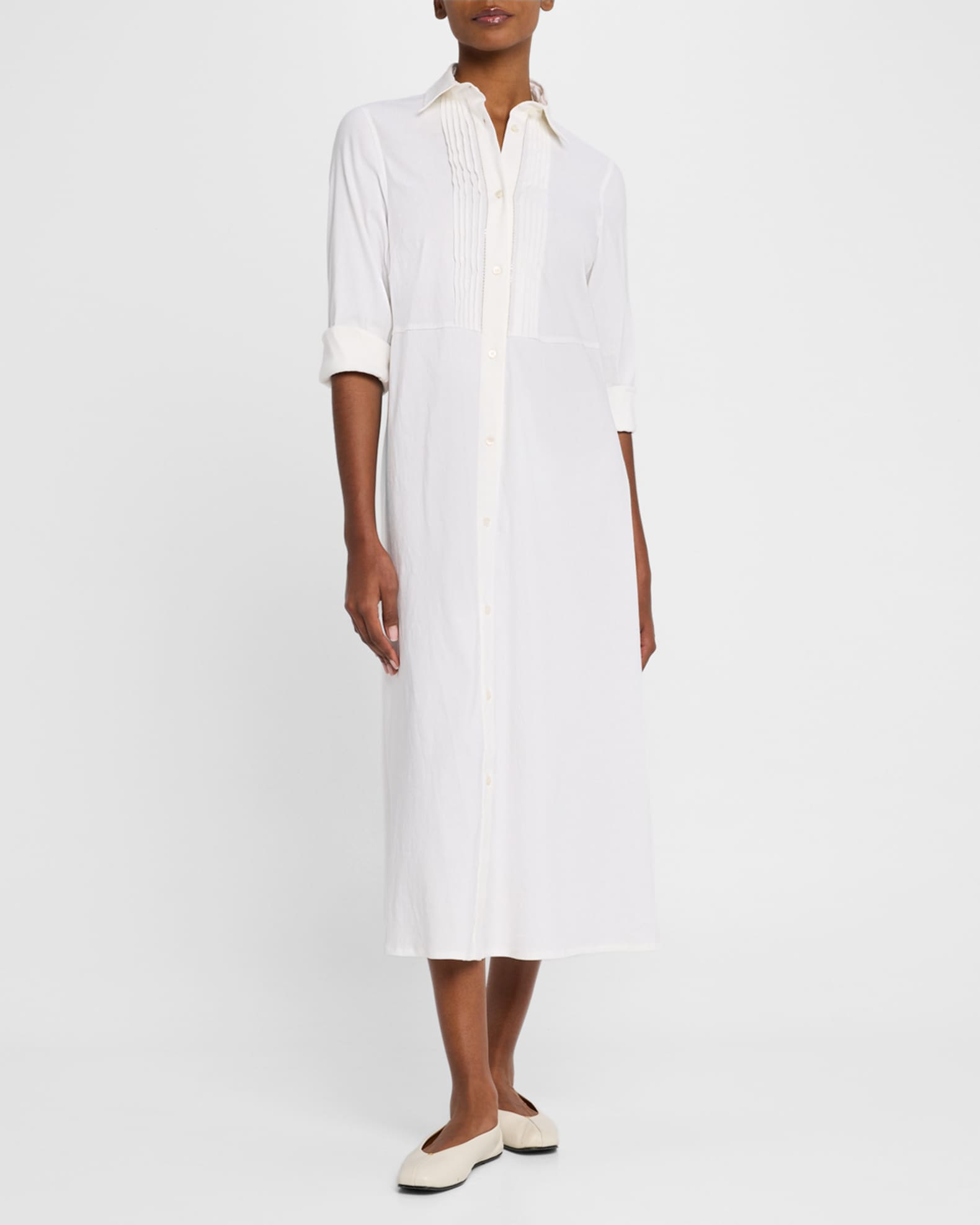 Pintuck Stretch Linen-Viscose Midi Shirtdress 1