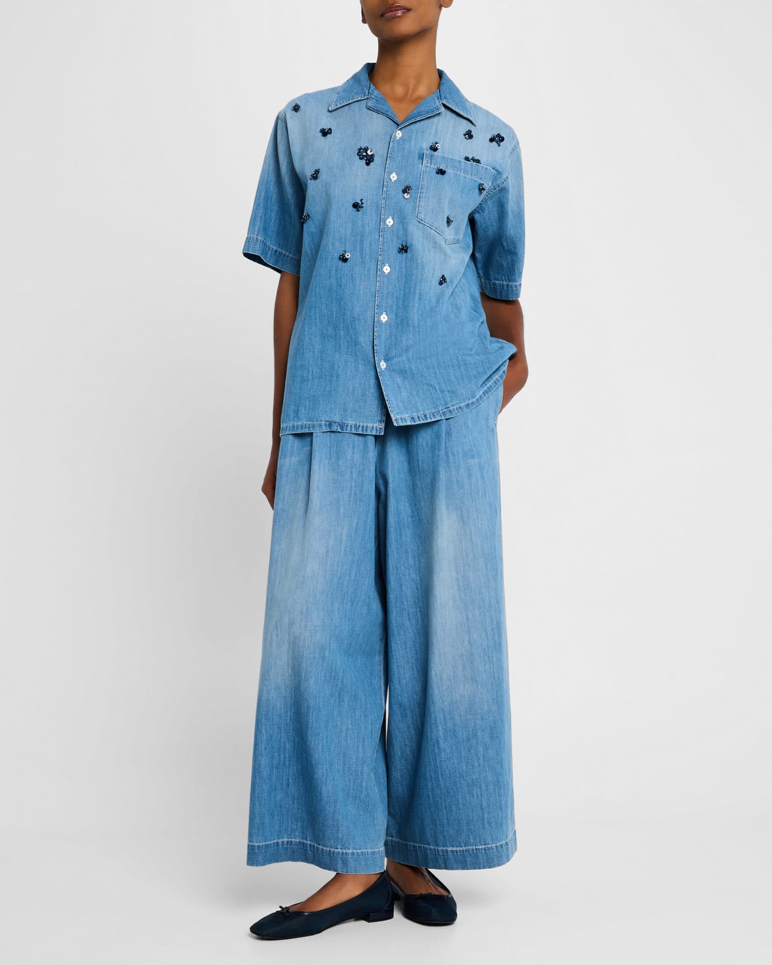 Pleated Wide-Leg Cotton Chambray Trousers 1
