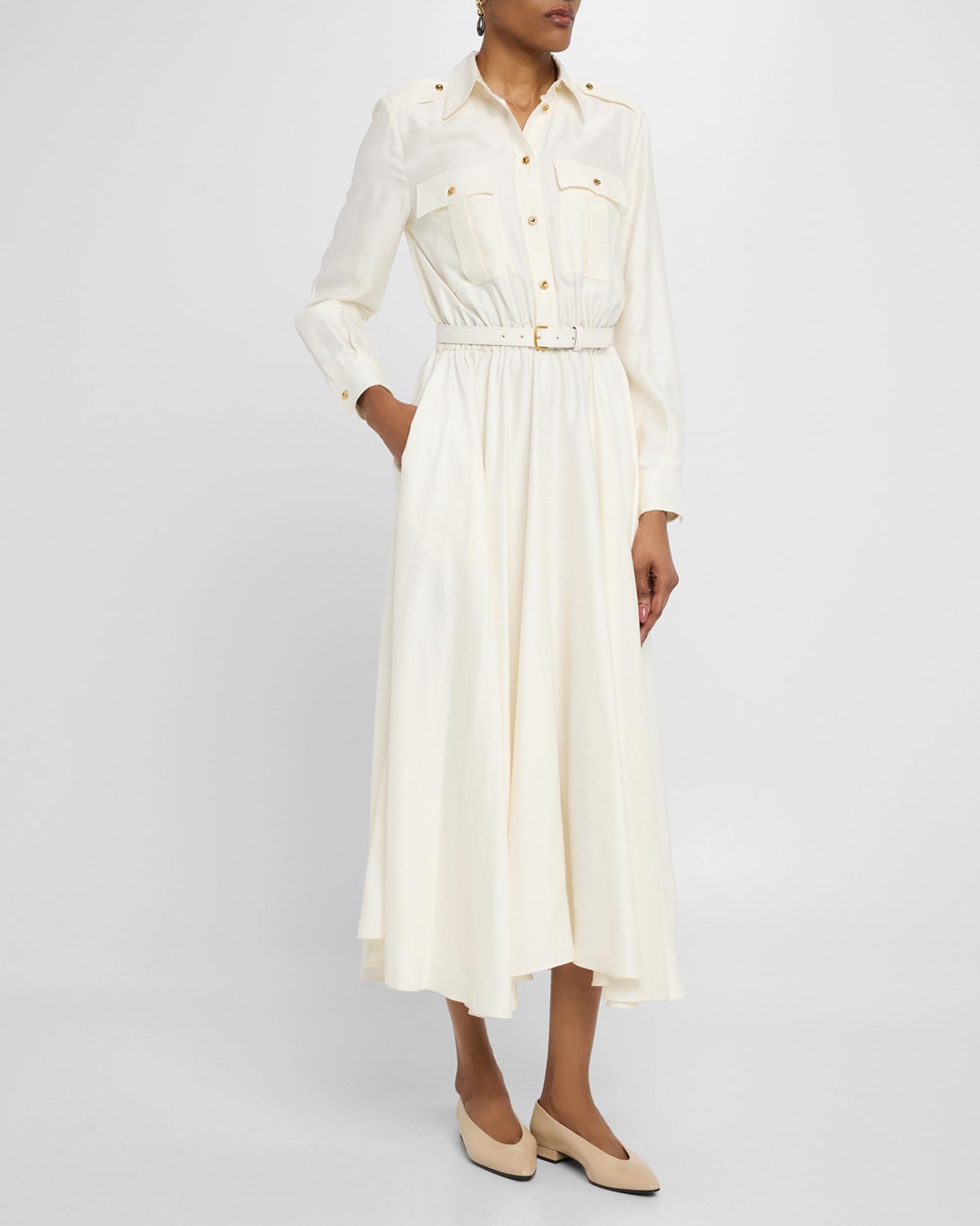 Loro Piana Lela Shantung Nep Midi Shirtdress With Belt | Neiman Marcus