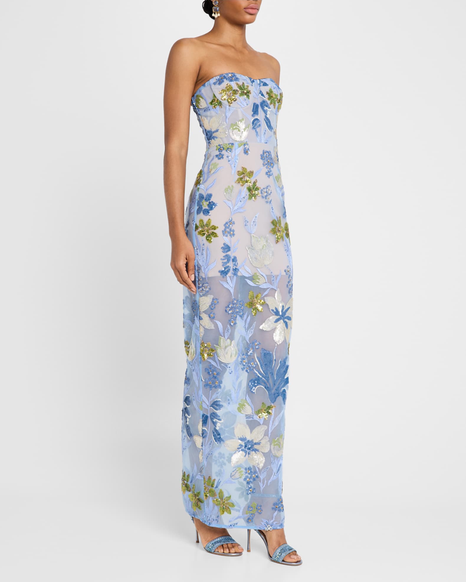 Bronx Banco Dahlia Sequin Floral Column Gown, Blue, Women's, XL, Evening Formal Gala Gowns Mother of the Bride Groom Sequined Gowns