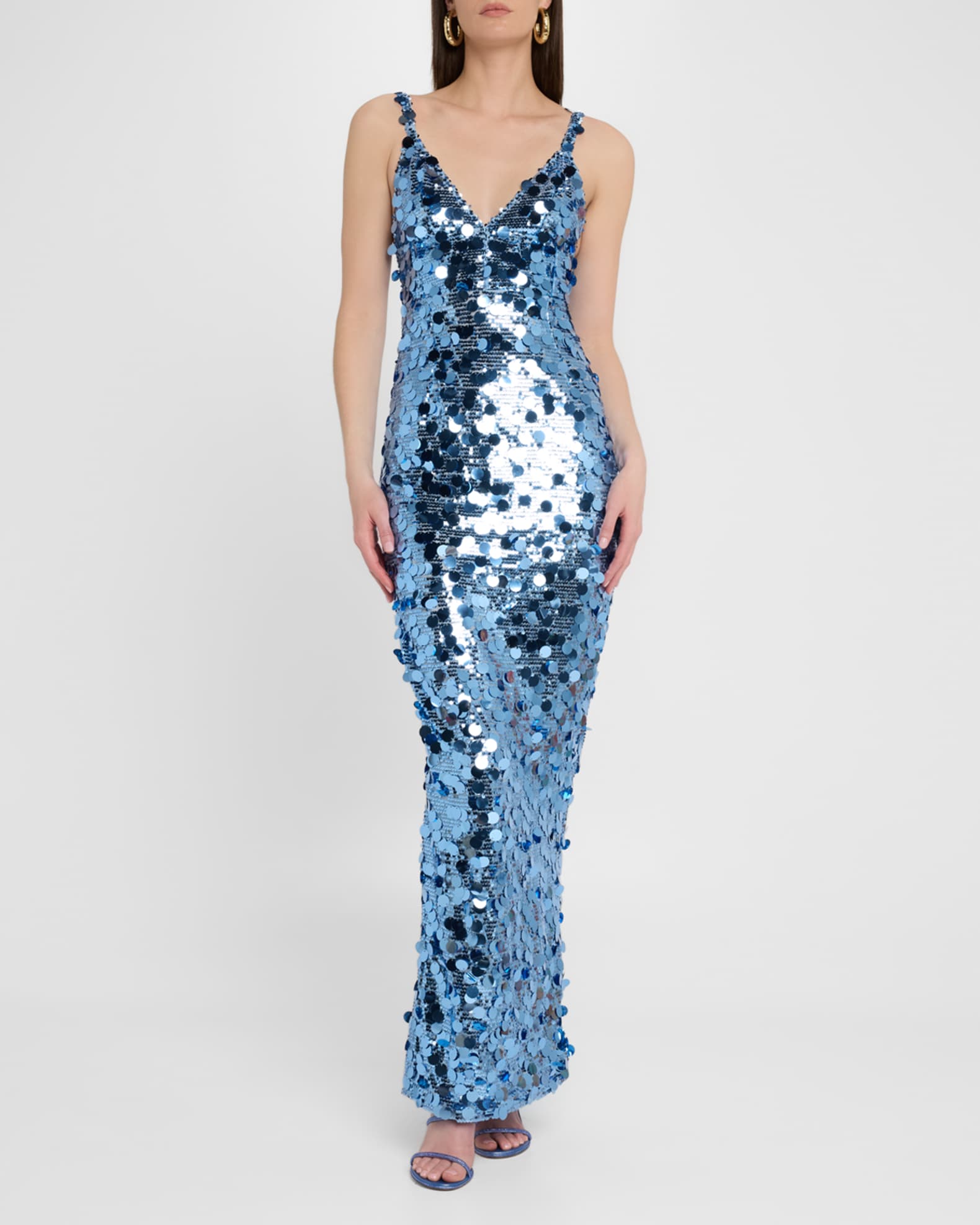 allegra silver sequin maxi dress Bronx Banco Allegra Deep V-Neck Sequin Column Gown