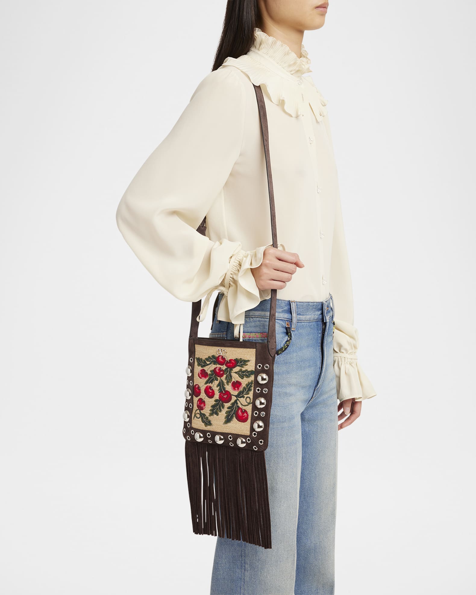 Nellcote Small Fringe Jacquard Cherries Suede Crossbody Bag 1