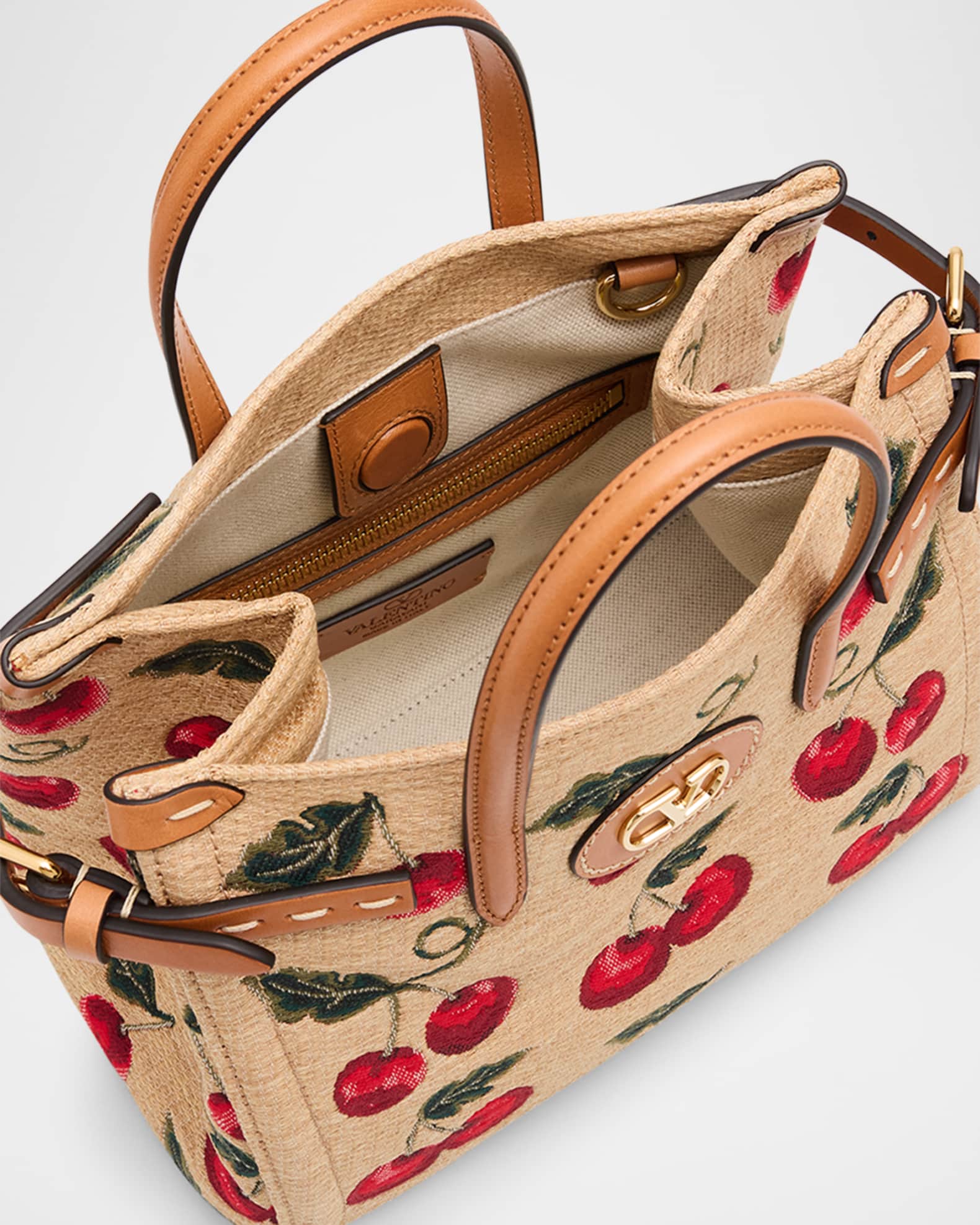 Valentino Garavani Antibes Small Raffia Cherry Jacquard Tote