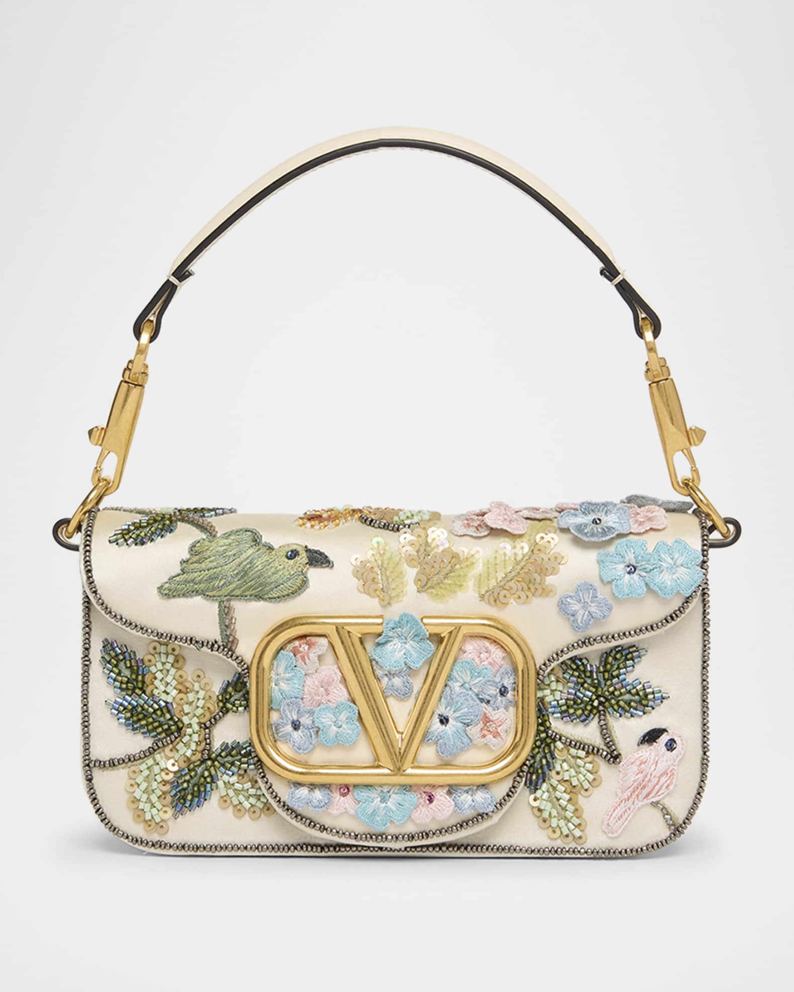 Loco Small Flower Bird Beaded Satin Shoulder Bag 0