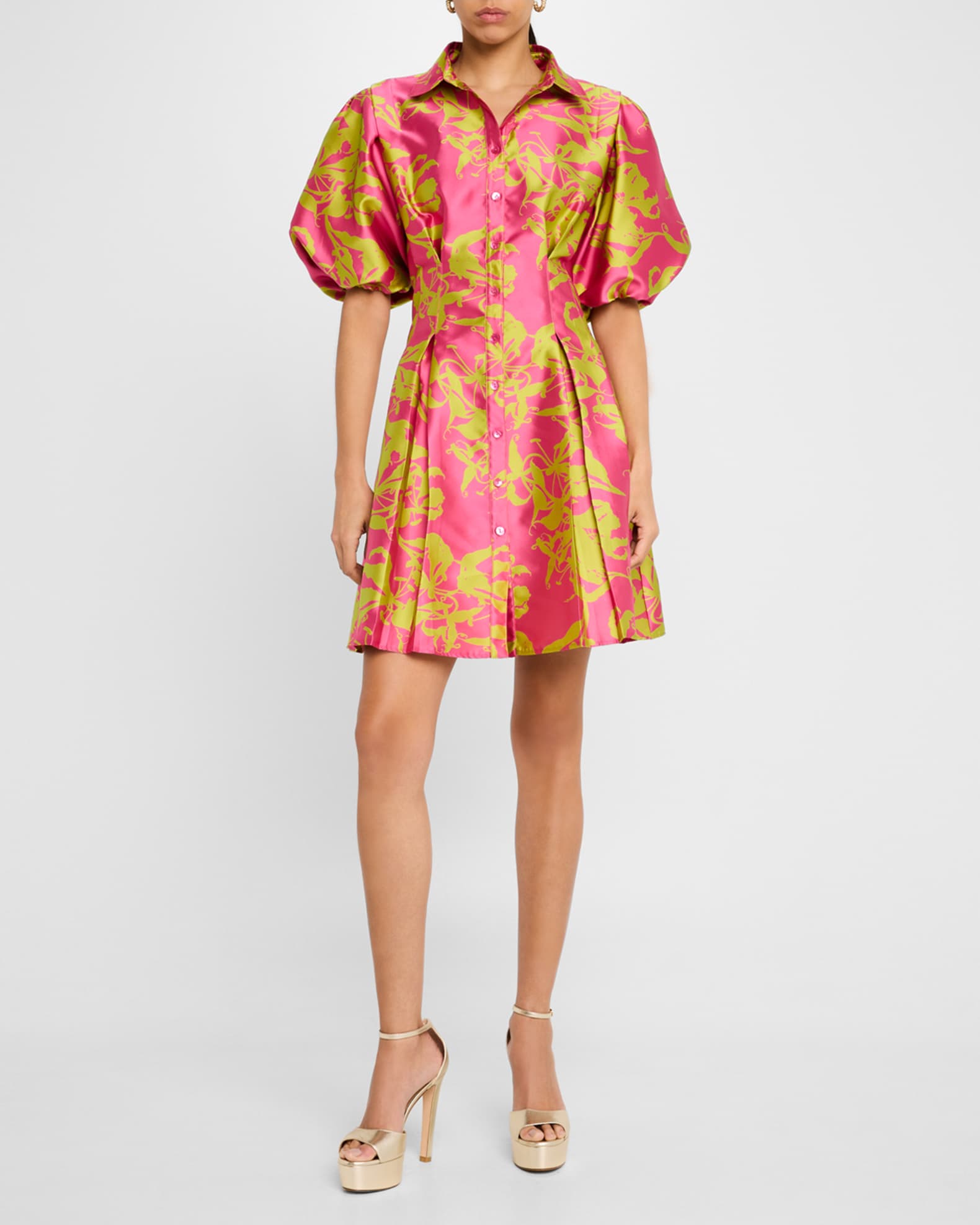 Alicia Pleated Puff-Sleeve Jacquard Shirtdress 1