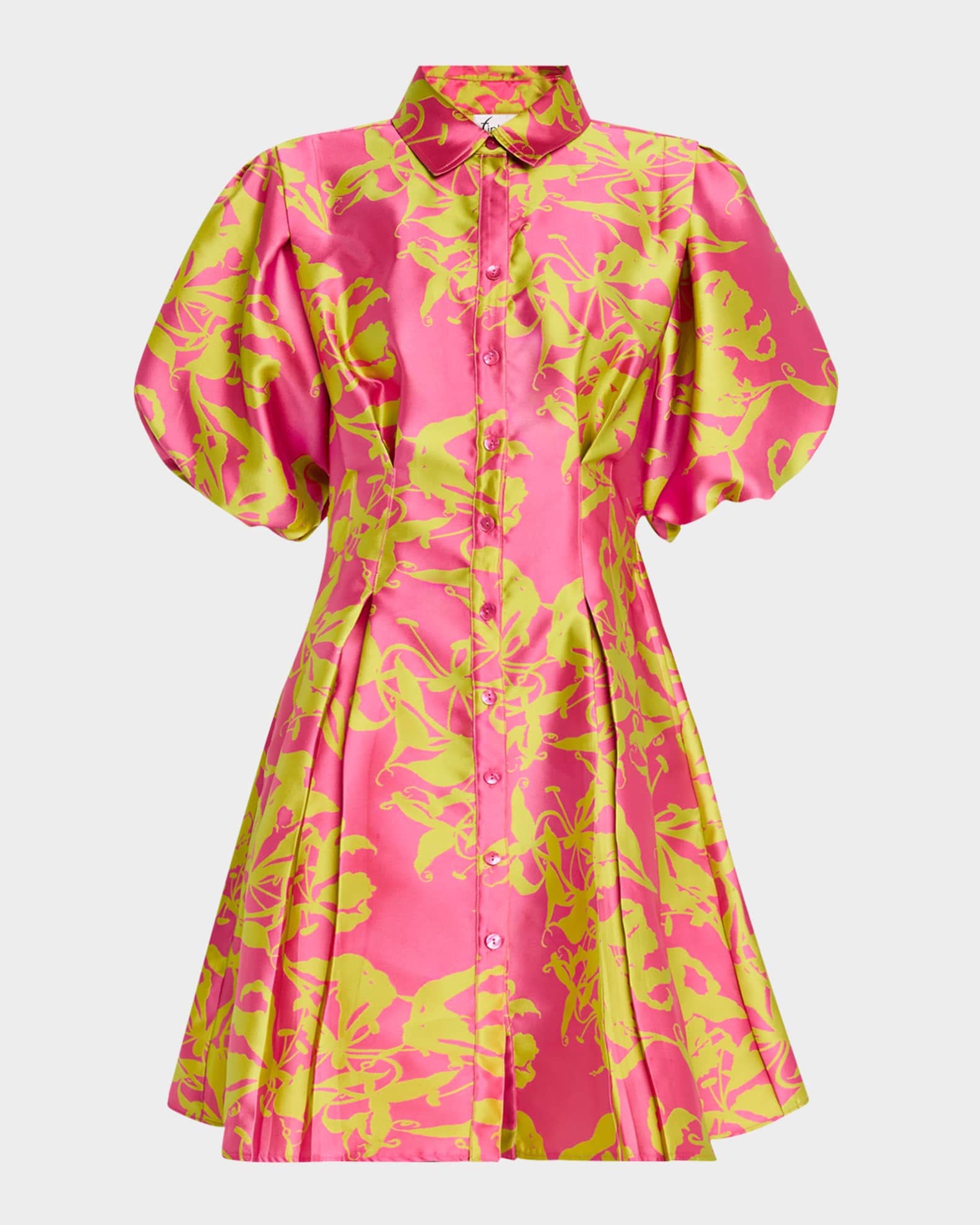 Alicia Pleated Puff-Sleeve Jacquard Shirtdress 0