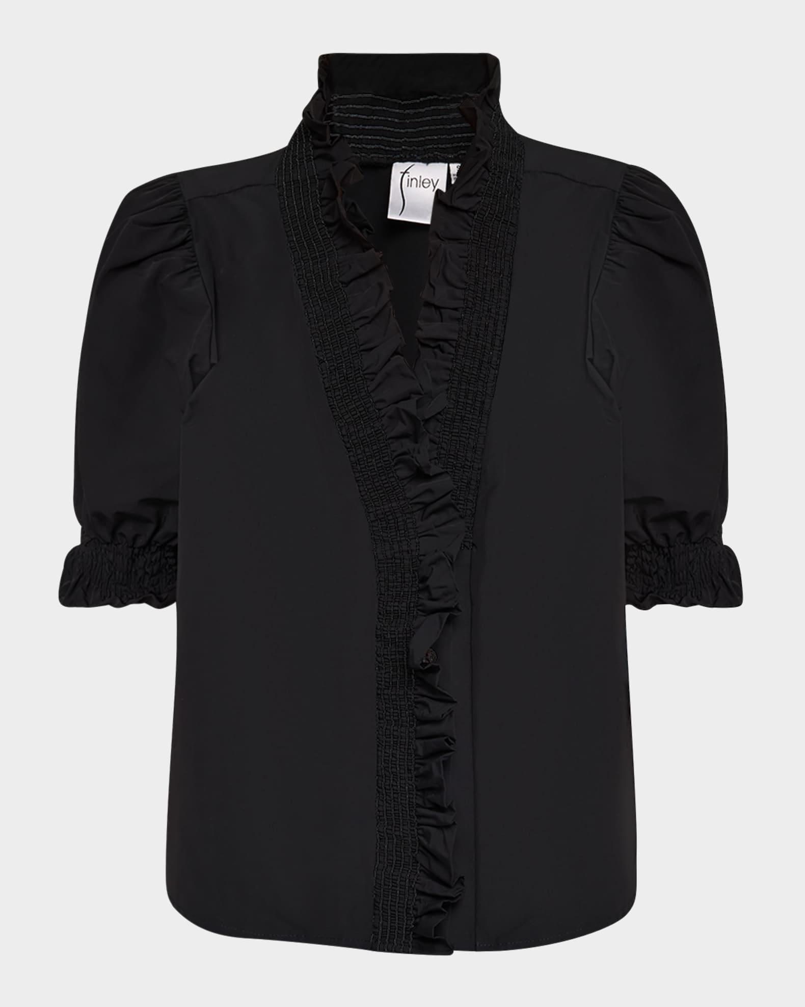 Cici Smocked Ruffle-Trim Taffeta Shirt 0